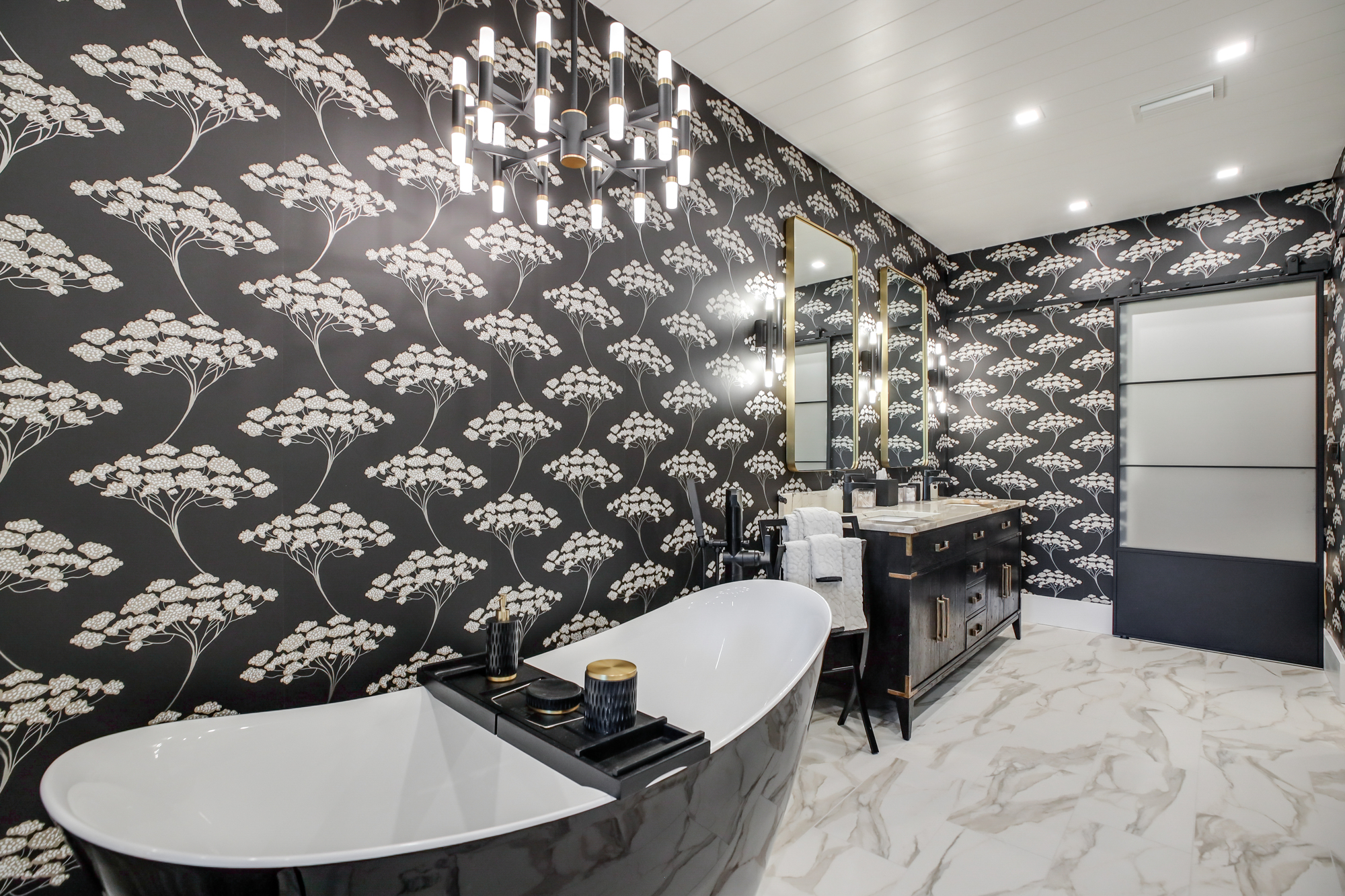 A stand-alone tub discovered on Wayfair makes a dramatic statement in the master bath.