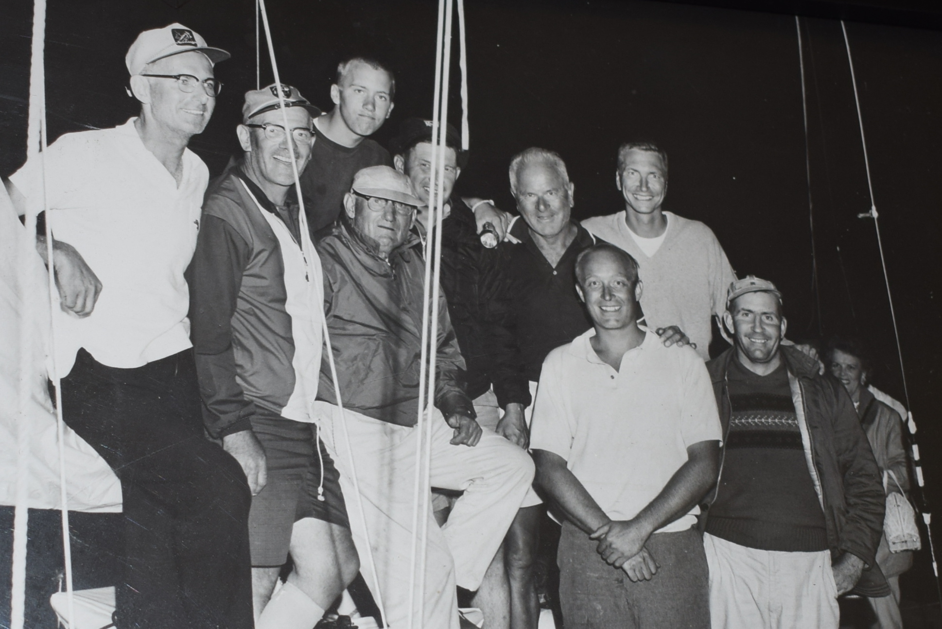 Jack Wagner, left, celebrates with his crew after winning the Bayview-Mackinac Overall Cruising Class in 1962.