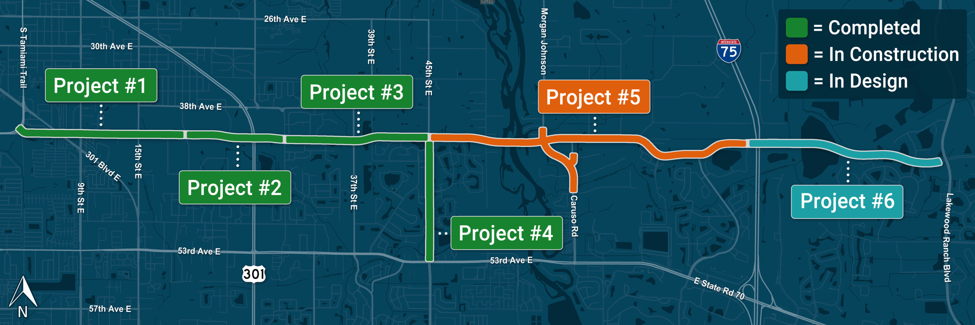 This map shows the extension of 44th Avenue East from Cortez Road to Lakewood Ranch Boulevard broken up into six individual projects. (Courtesy of Manatee County)