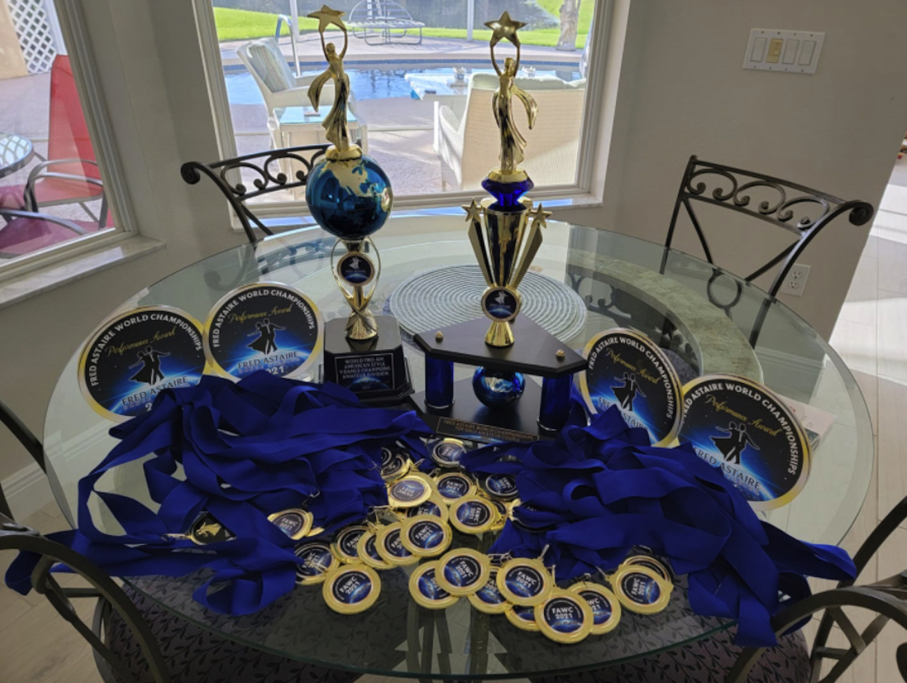 The Goulds spread out their medals and trophies when they got home. Courtesy photo.