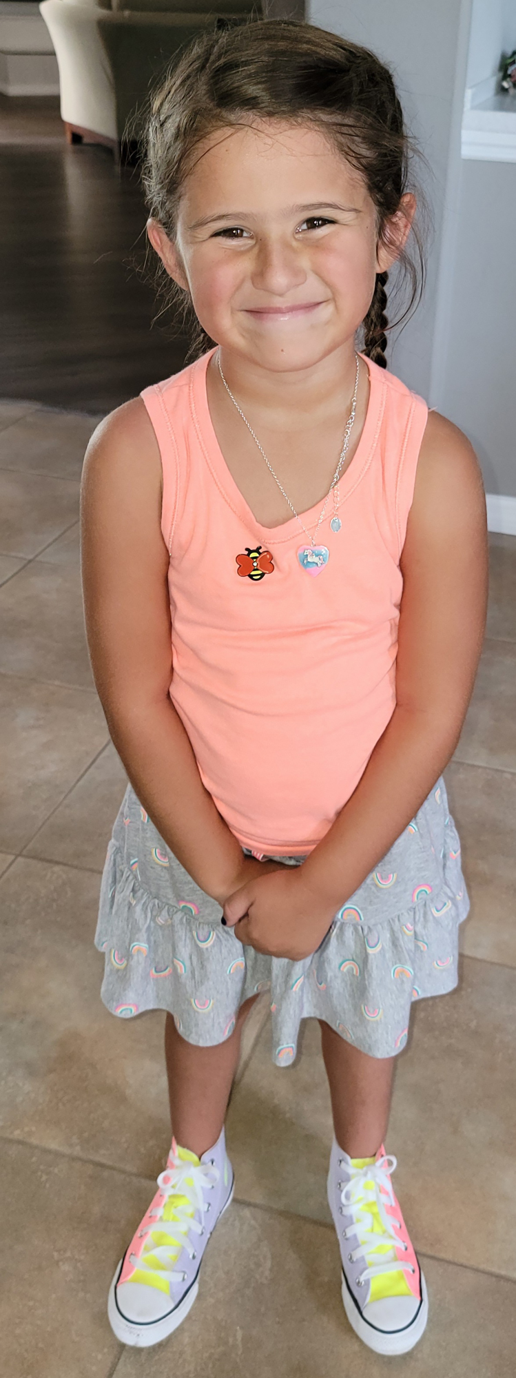 Mia Morton, who is 6, almost always wears the bee pin she and her mother, Stephanie Morton, created to ease separation anxiety. Courtesy photo.