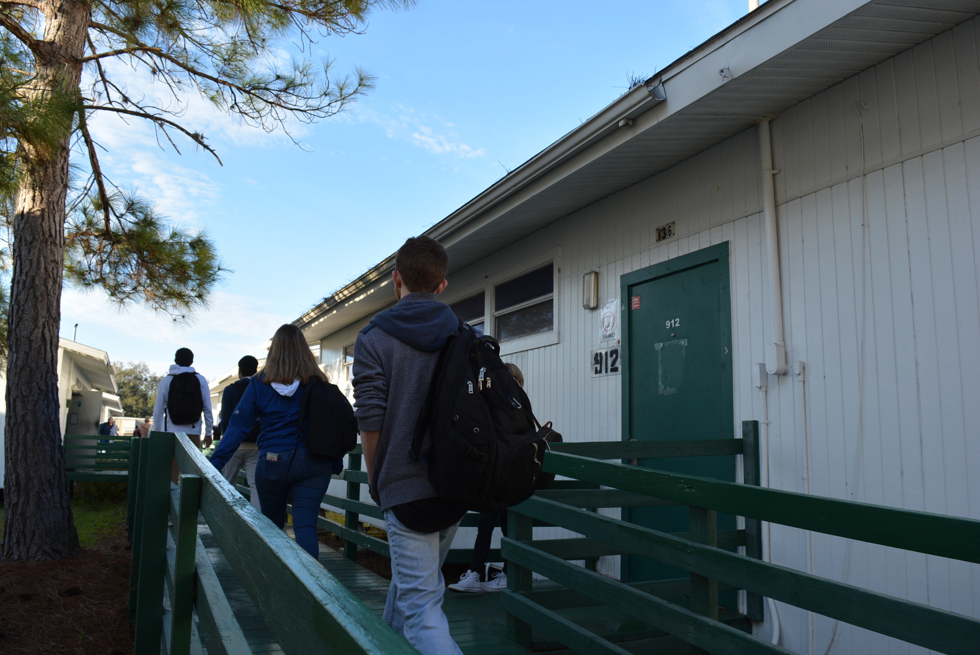 Lakewood Ranch High School students make their way to the portables for class. A new wing at the school means the school won't have as many, if any, portables. File photo.