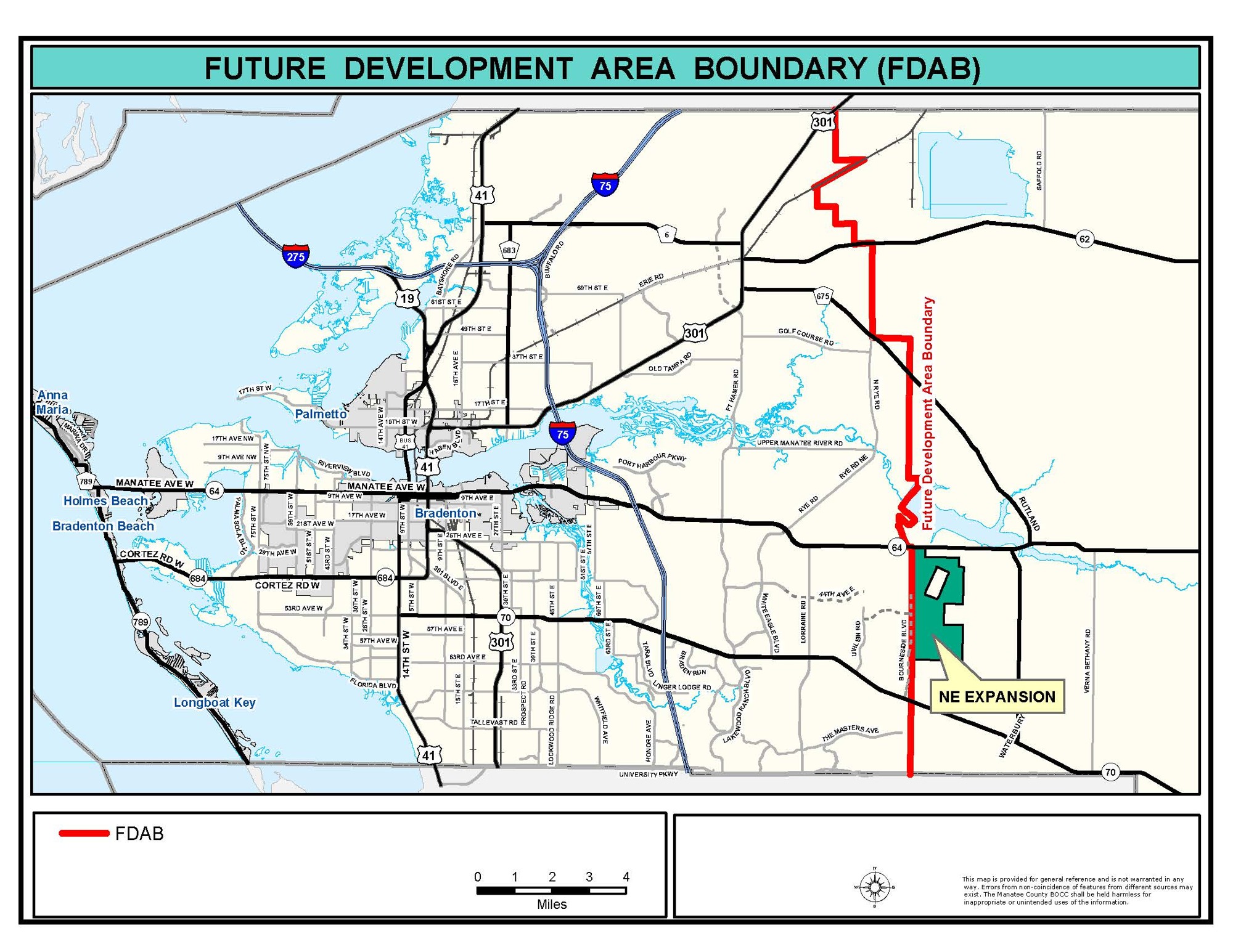 The portion of Manatee County's Future Development Area Boundary that is south of State Road 64 is located on Bourneside Boulevard. The land east of the line is protected from urban sprawl.