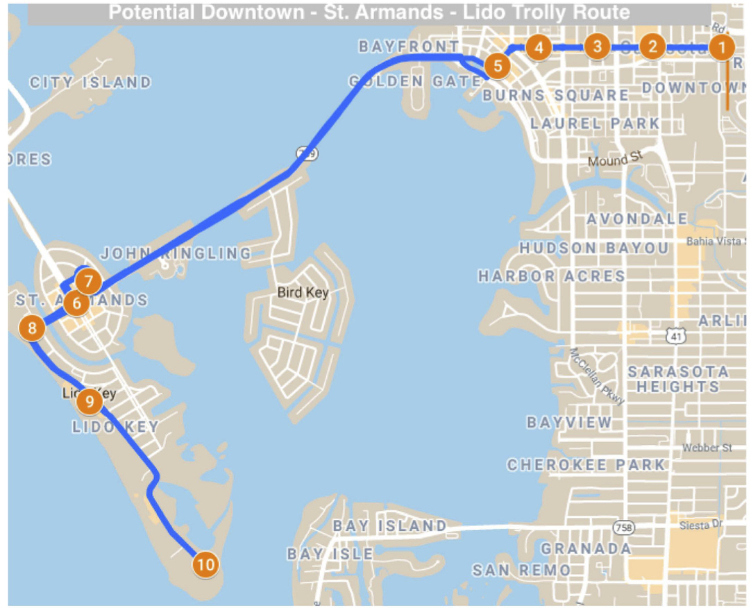 Plans for the trolley route have not been finalized, but the city is exploring a service that will travel from east of U.S. 301 to south Lido Key. File image