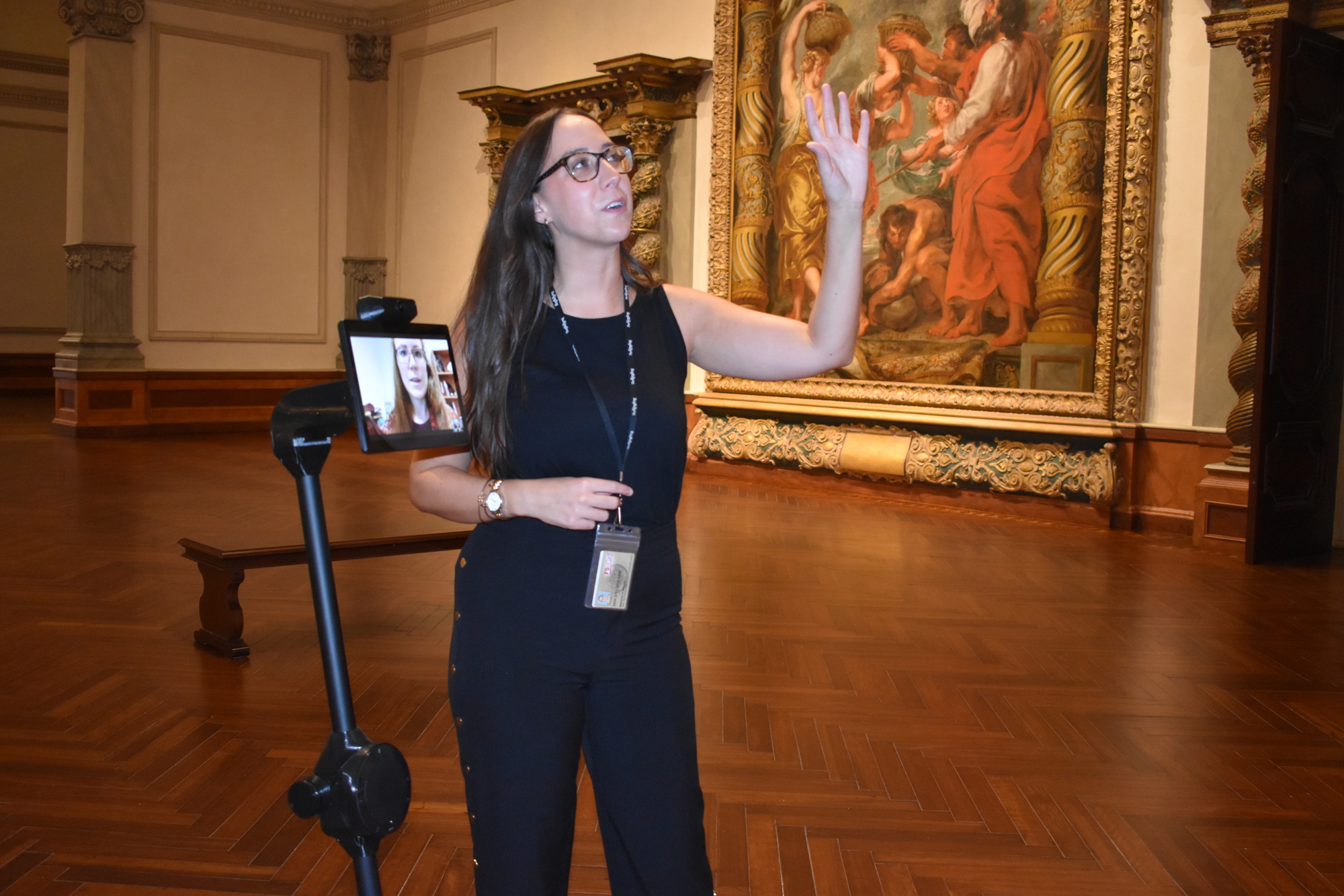Ringling Museum education assistant Brooke Wessel leads virtual tours using the 18-pound Ohmni Telepresence Robot.