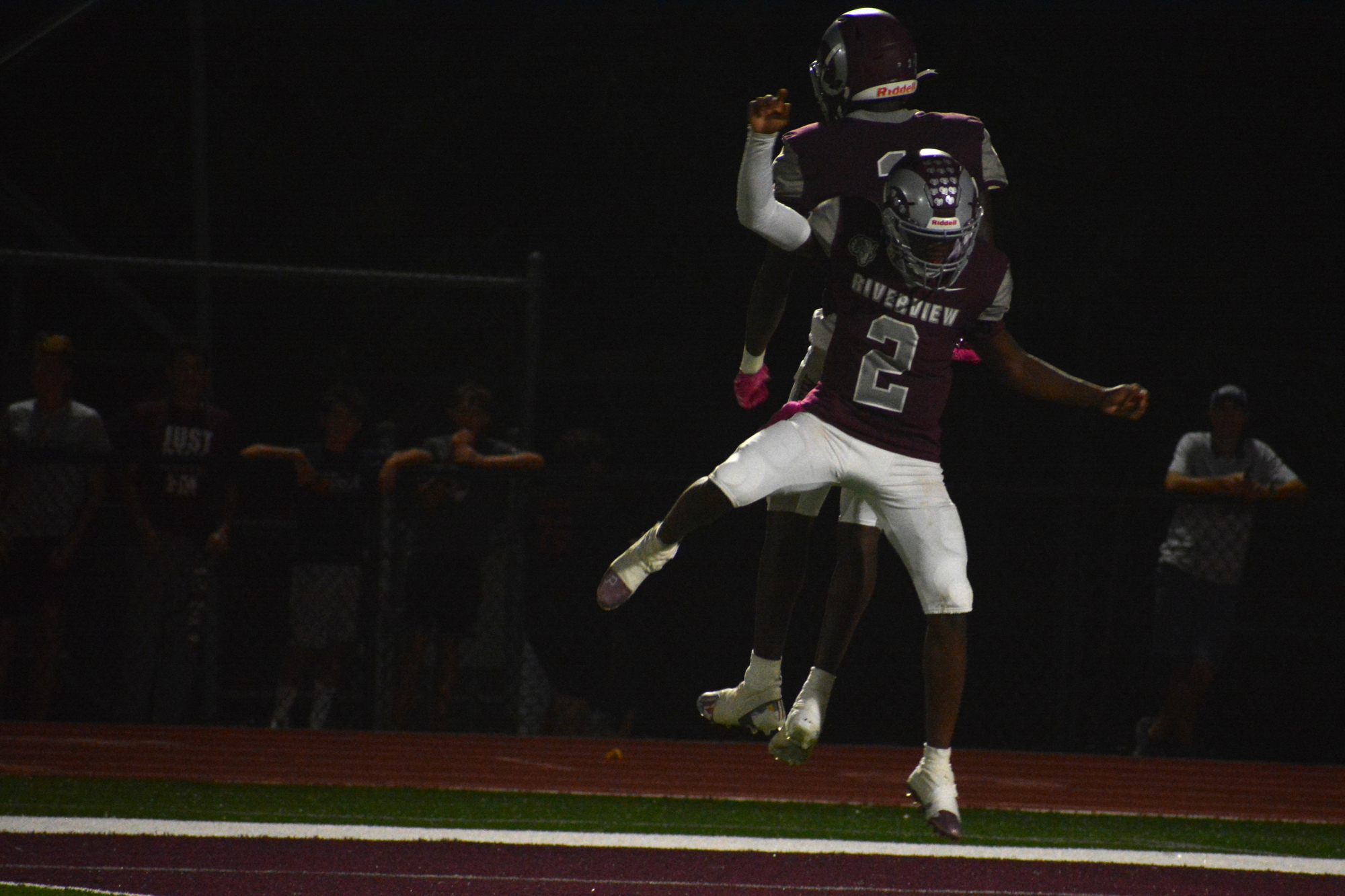 Riverview quarterback Will Carter Jr. (2) celebrates with Charles Lester III after the pair combined on a passing touchdown.