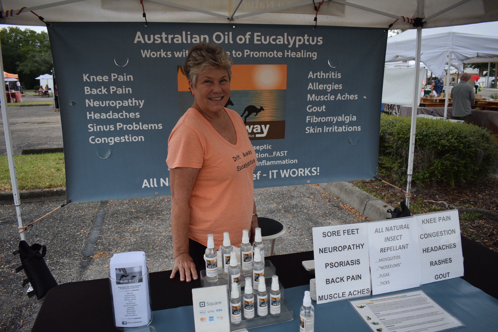 Tarpon Springs' Barbara Harrison doesn't mind driving a bit farther to sell her Drift Away eucalyptus products.