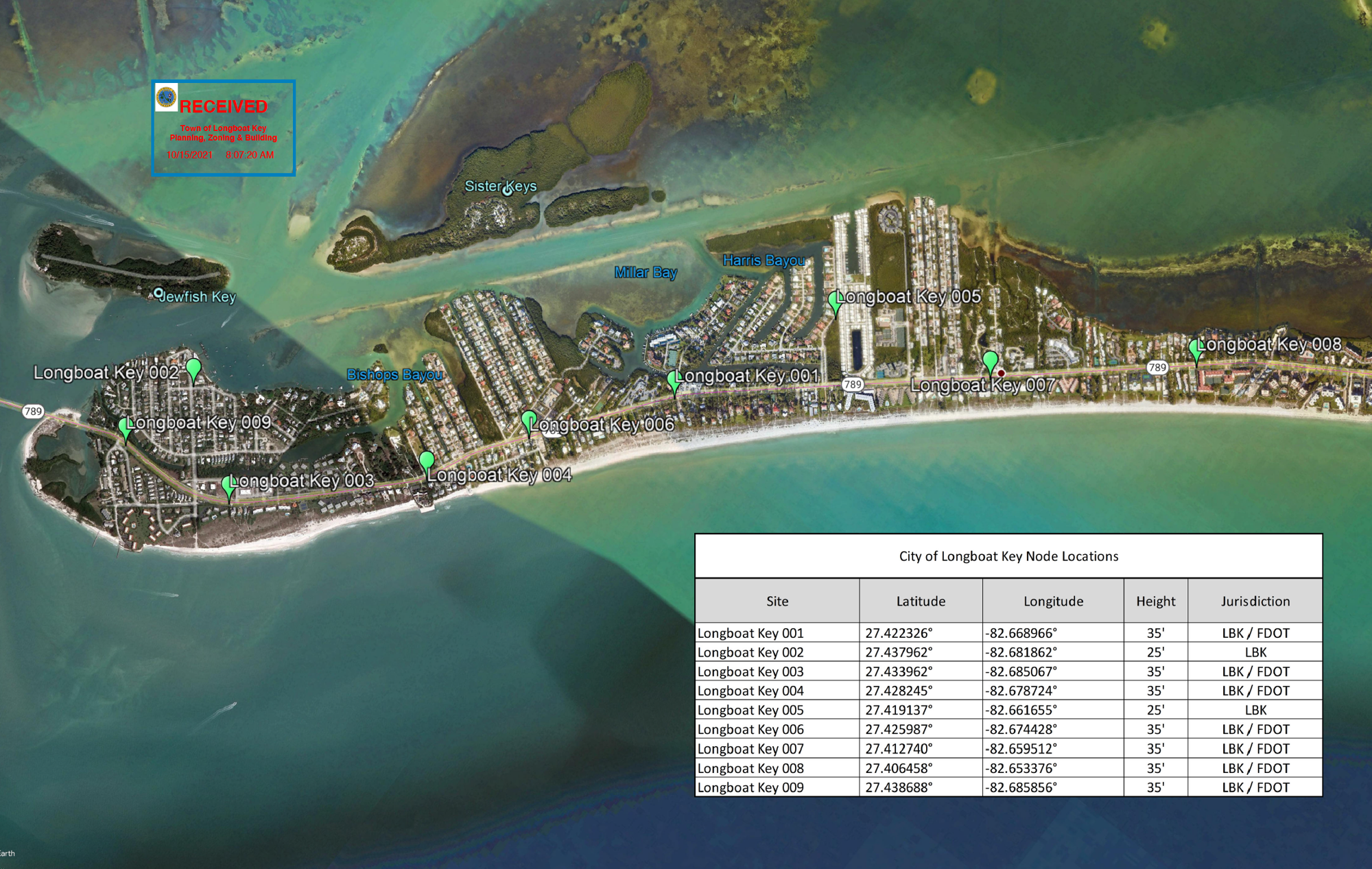 The map shows where Verizon Wireless is proposing to put nine small cell poles and antennas. Map provided by the town of Longboat Key