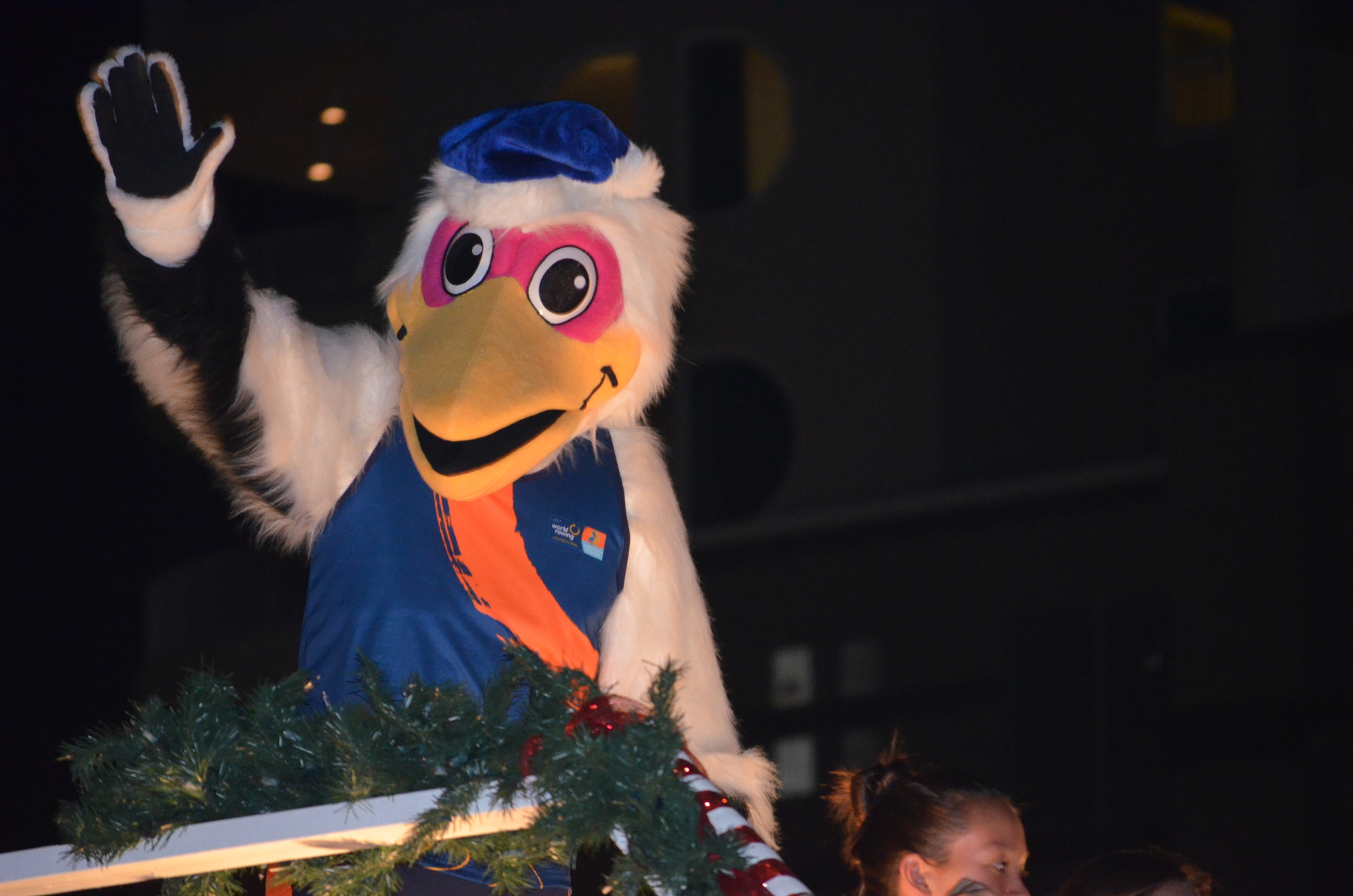 The new nameless pelican mascot for the World Rowing Championships made its first appearance at the Sarasota Holiday Parade.