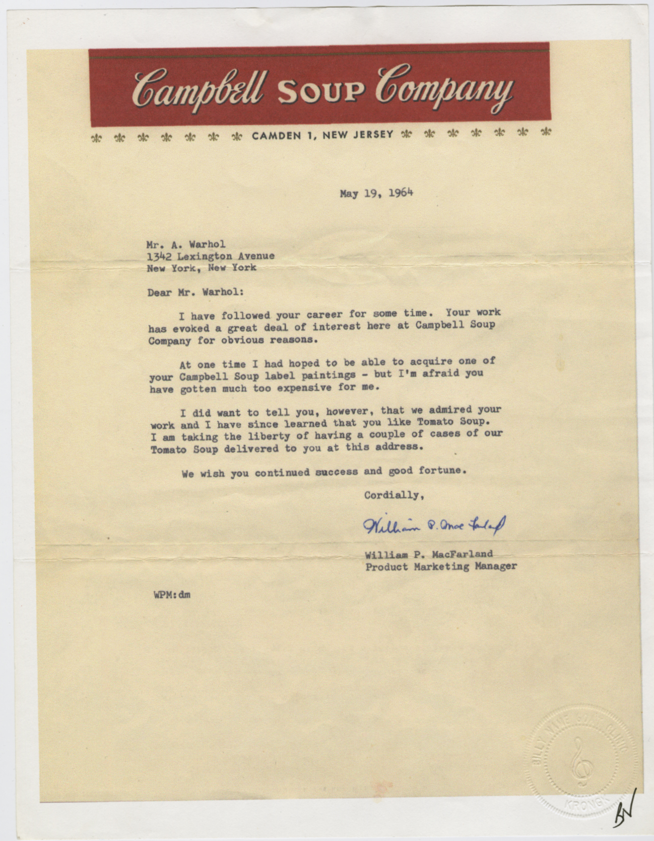 Letters in the collection include one from a marketing manager at Campbell Soup Co., expressing admiration for Warhol’s work, out of his price range as it may be.