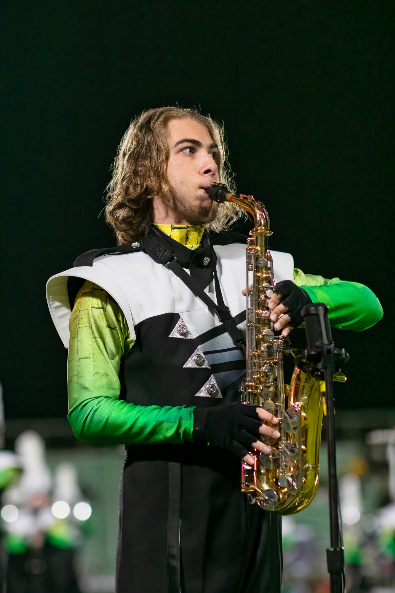 Ahmad Alhallaq concentrates on his performance with the Lakewood Ranch High School Marching Mustangs. Courtesy photo.