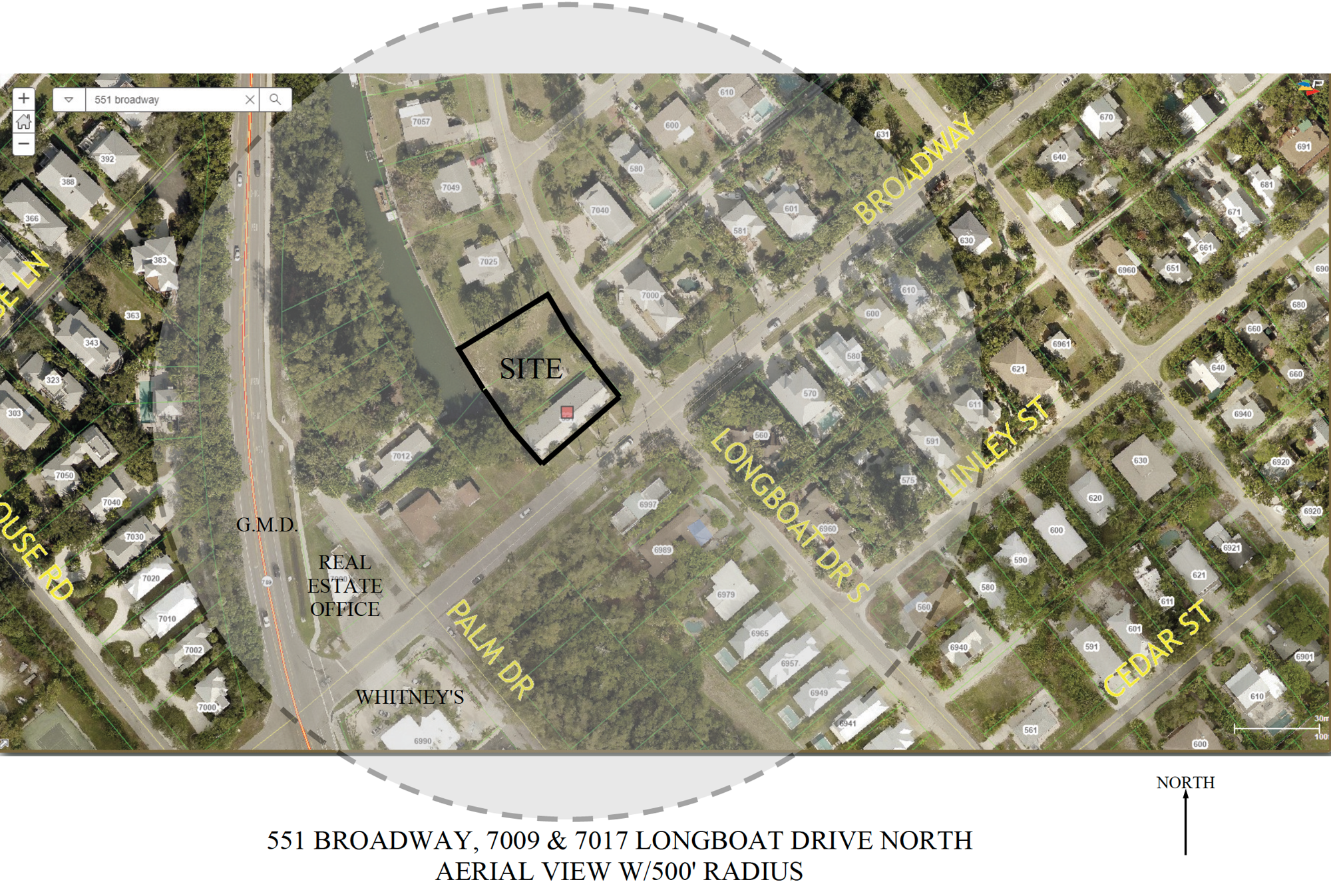 A map shows the denied proposal to build four homes at 551 Broadway Street and 7009 and 7017 Longboat Drive North. The town of Longboat Key provided the map.