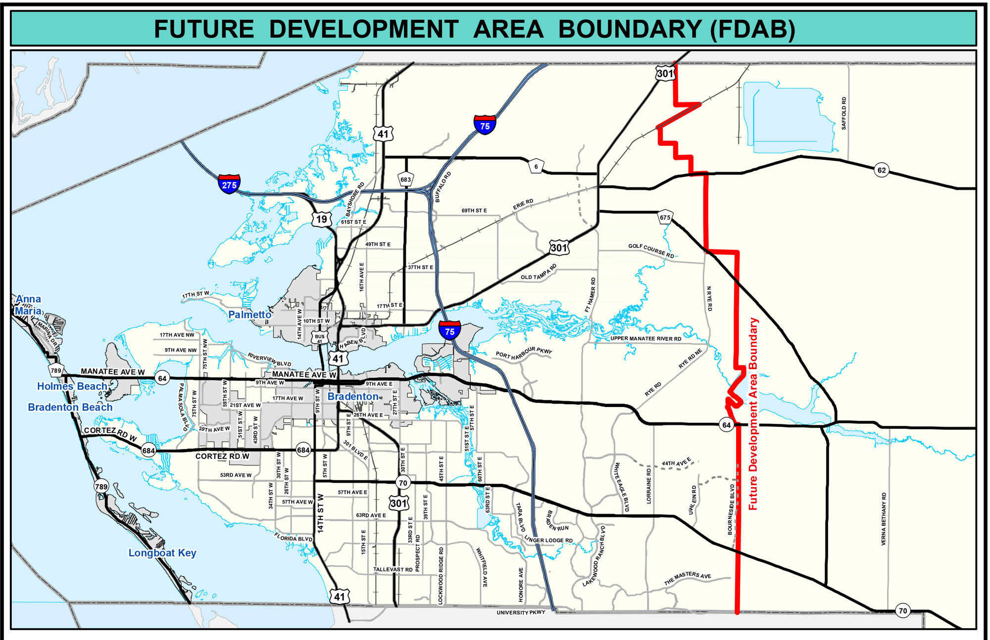 A map of the Future Development Area Boundary line (red)in Manatee County. The line was last moved in 2006 and currently runs along Bournside Boulevard in Eastern Manatee County.