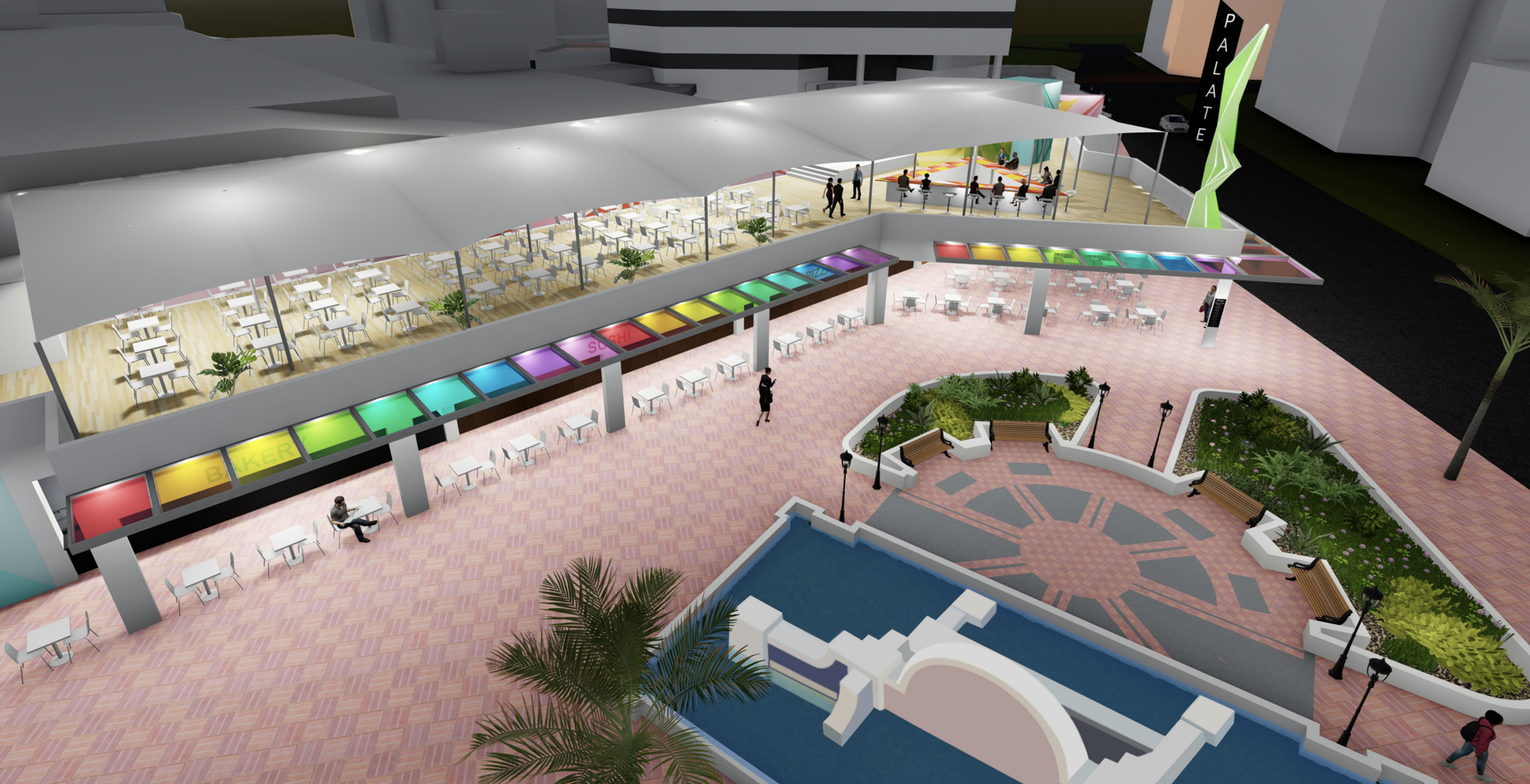 Palate was proposed as a food court with open-air seating, an upstairs bar and a colorful design scheme. (Courtesy image)