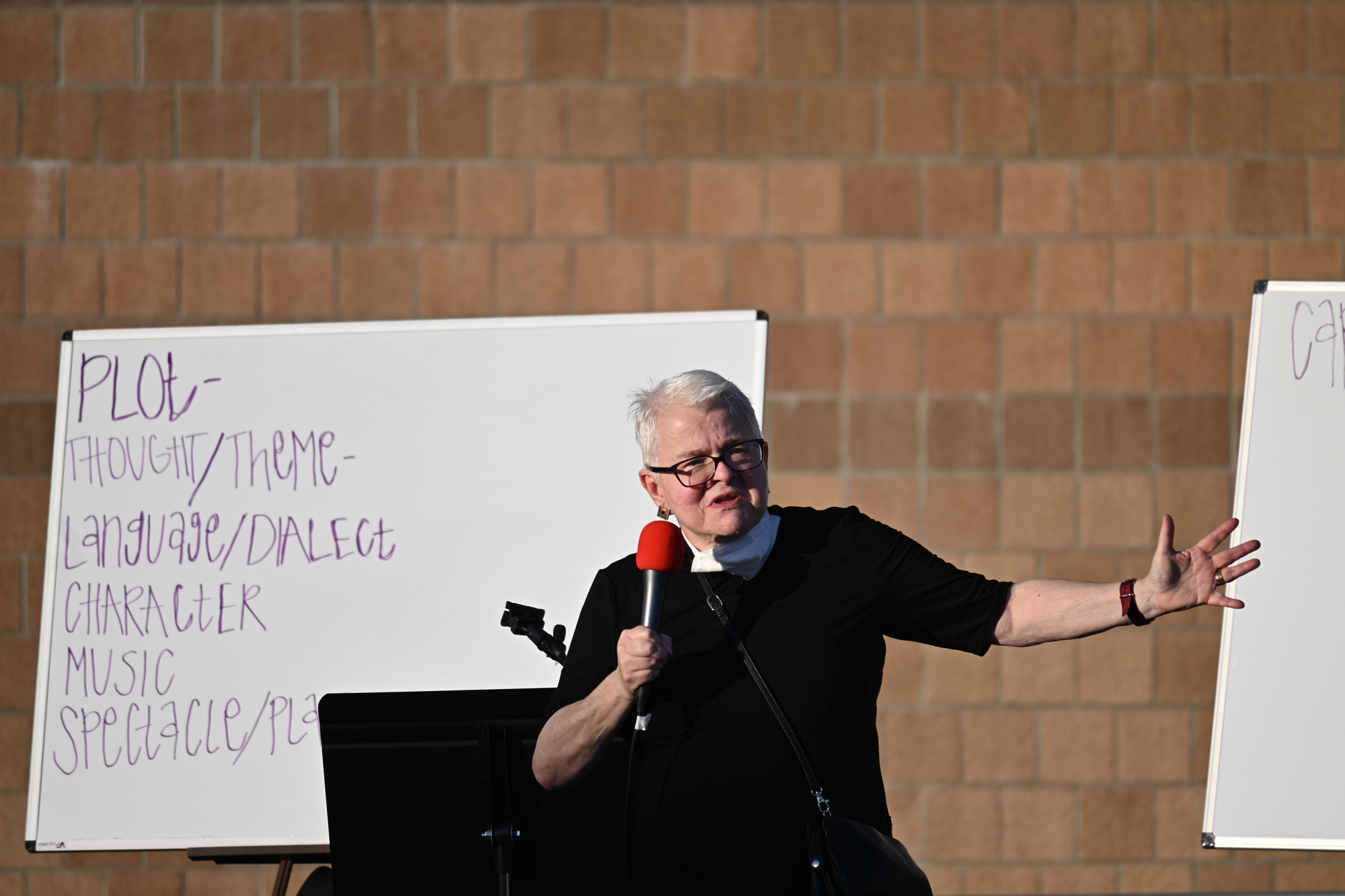 Paula Vogel, who has taught at Yale and Brown University, spoke for about an hour to the crowd at Booker High School. (Photo: Spencer Fordin)