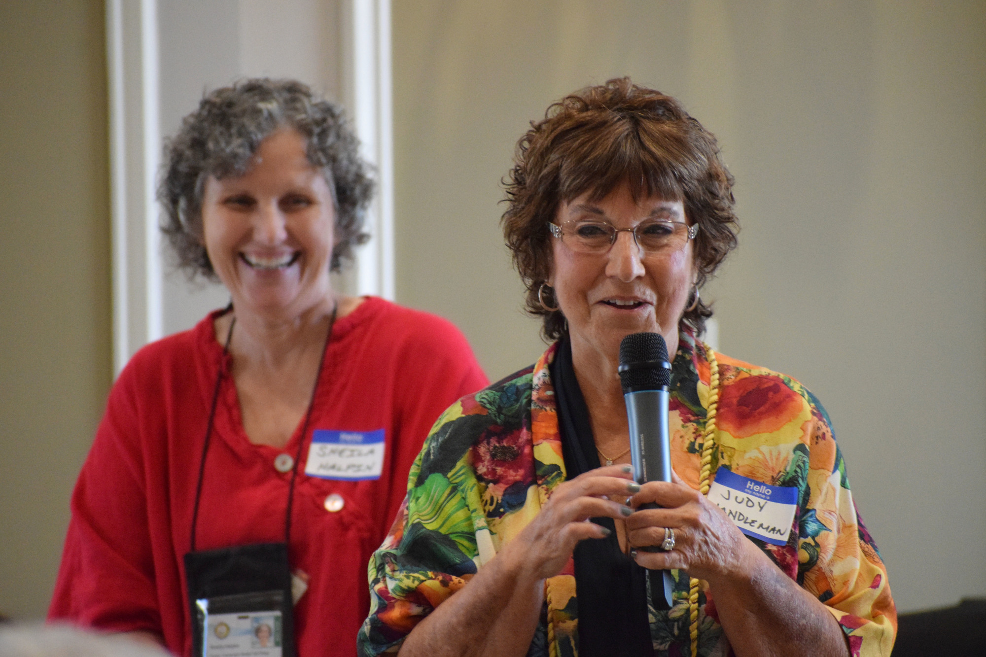 Sheila Halpin, the volunteer programs coordinator for the School District of Manatee County, smiles as Books for Kids volunteer Judy Handleman shares her experiences volunteering for a virtual program.
