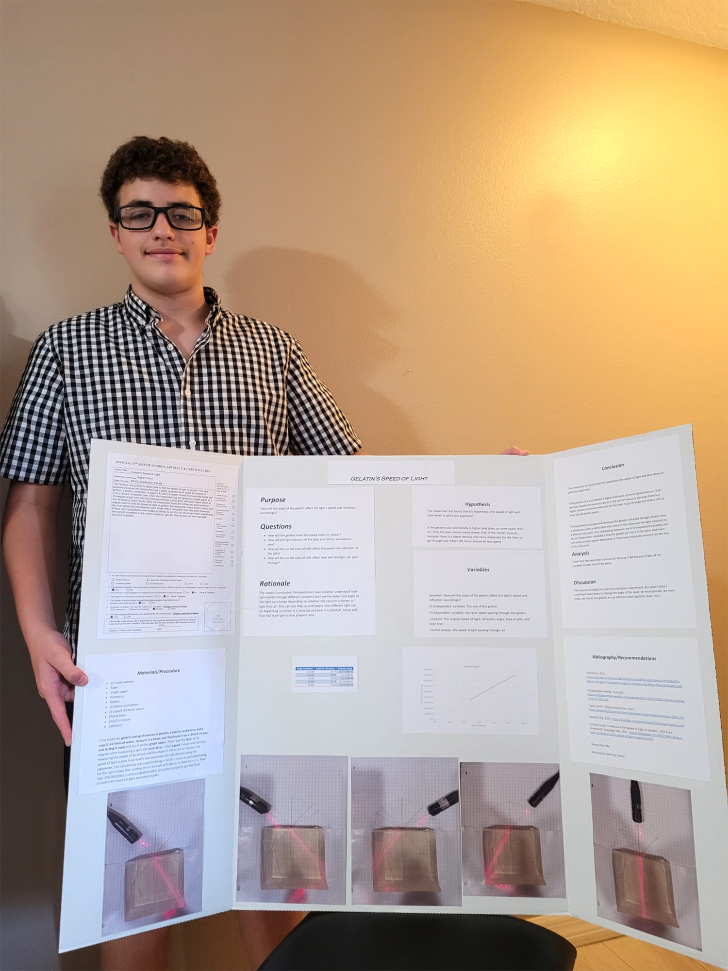 Miguel Perez, Braden River Middle School seventh grader, studies the speed of light in gelatin and earns himself a spot at the State Science and Engineering Fair. Courtesy photo.