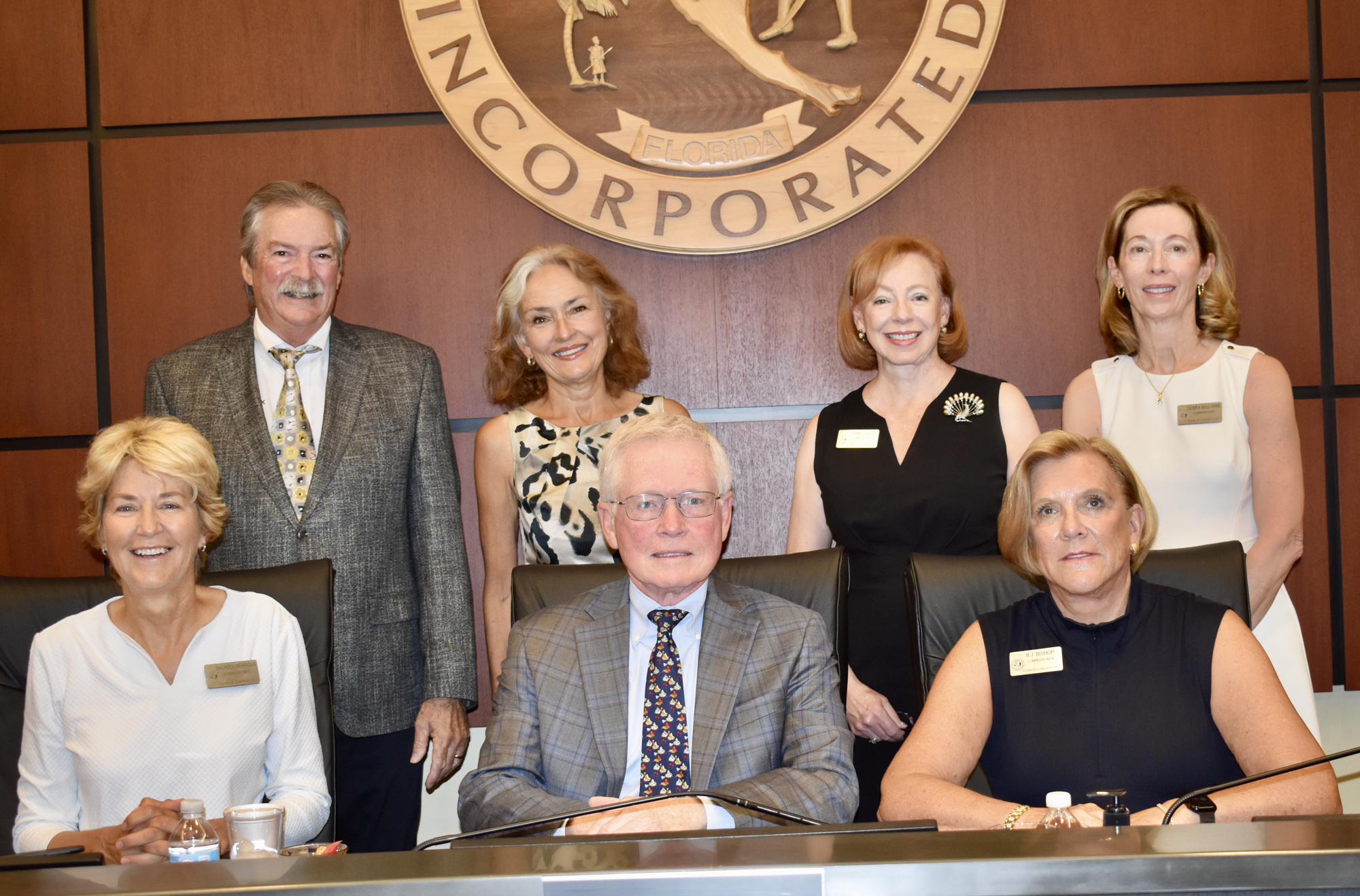 The town commission: (back row) Mike Haycock, Sherry Dominick, Penny Gold, Debra Williams (front row) Maureen Merrigan, Ken Schneier and BJ Bishop.