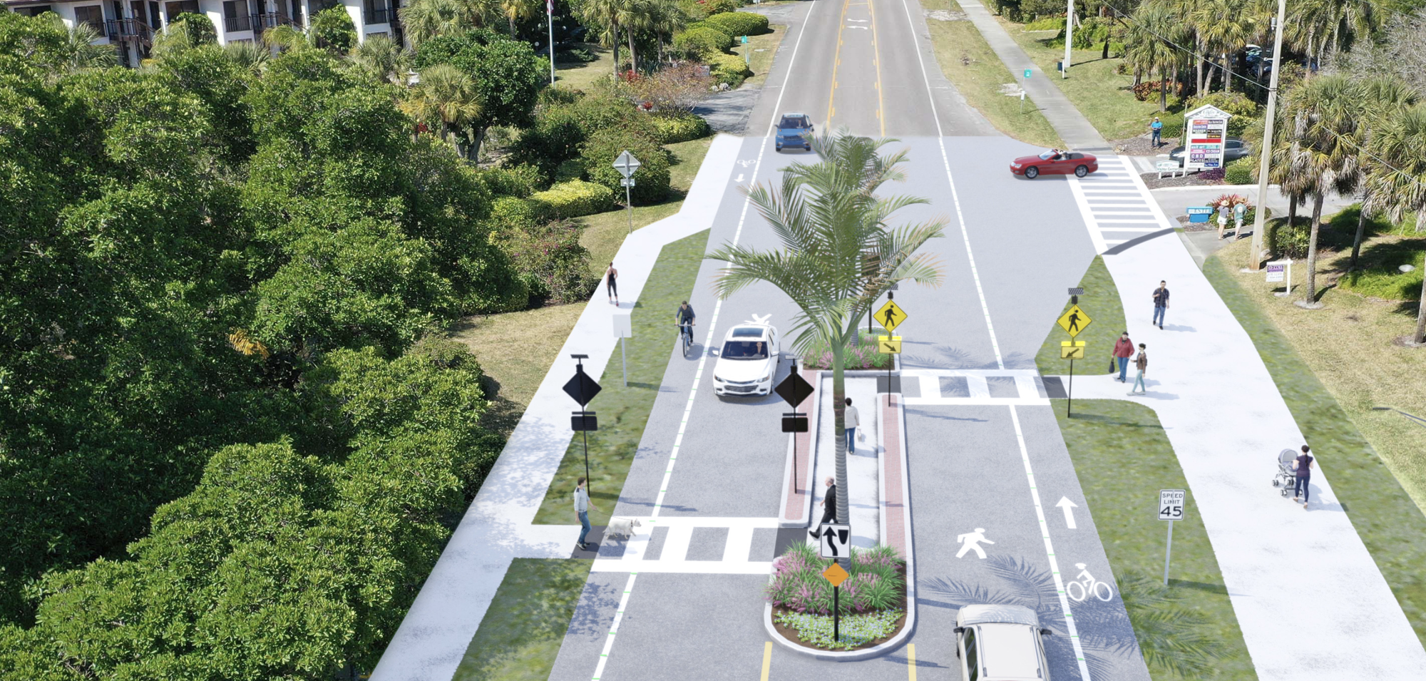 An example of a proposed mid-island switchback crosswalk with a median.