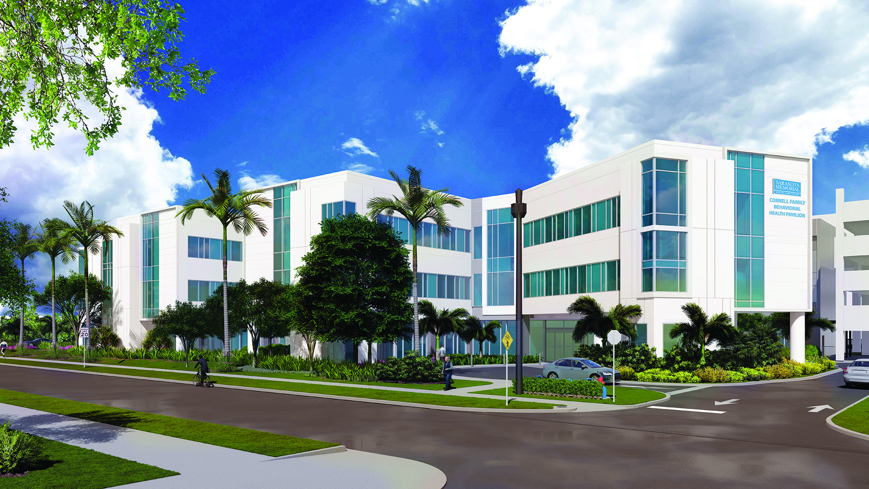 A model of the coming Cornell Family Behavioral Health Pavilion's exterior. (Rendering courtesy of Sarasota Memorial Hospital)