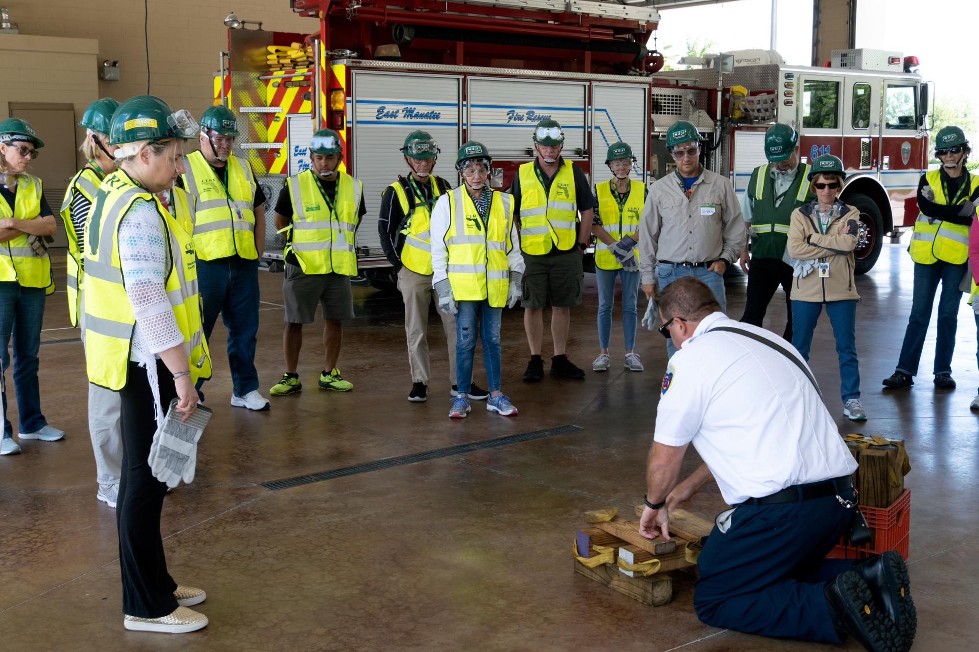 Lieutenant Chad Gamble of East Manatee Fire Rescue demonstrates cribbing and blocking to the class. (Courtesy photo)