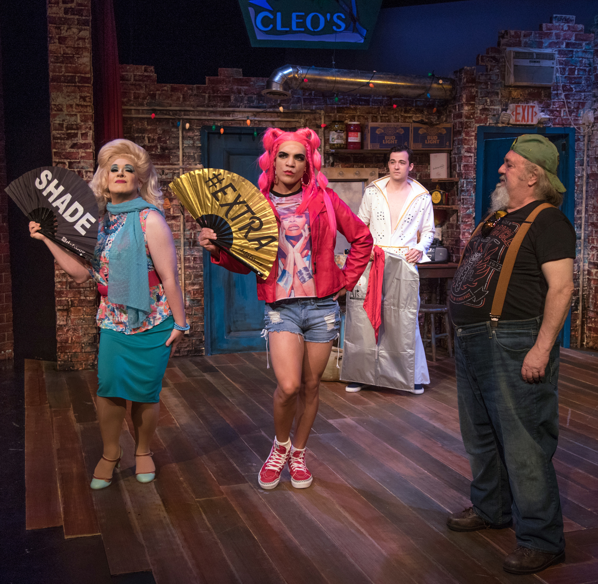 Kraig Swartz (Miss Tracy Mills), Stanley Martin (Rexy), Britt Michael Gordon (Casey), and Eric Hoffmann (Eddie) show off the variety in costumes. (Courtesy photo: John Jones.)