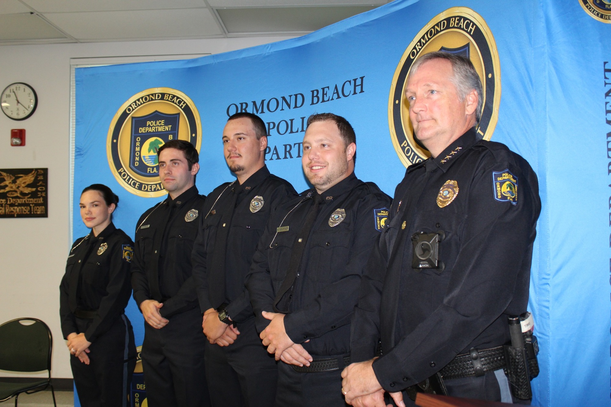 Officer Brittany Baldwin, Officer David Burnett, Officer Anthony Lafleur, Officer Michael Seilhymer and Ormond Beach Police Chief Jesse Godfrey. Photo courtesy of OBPD's Facebook page.