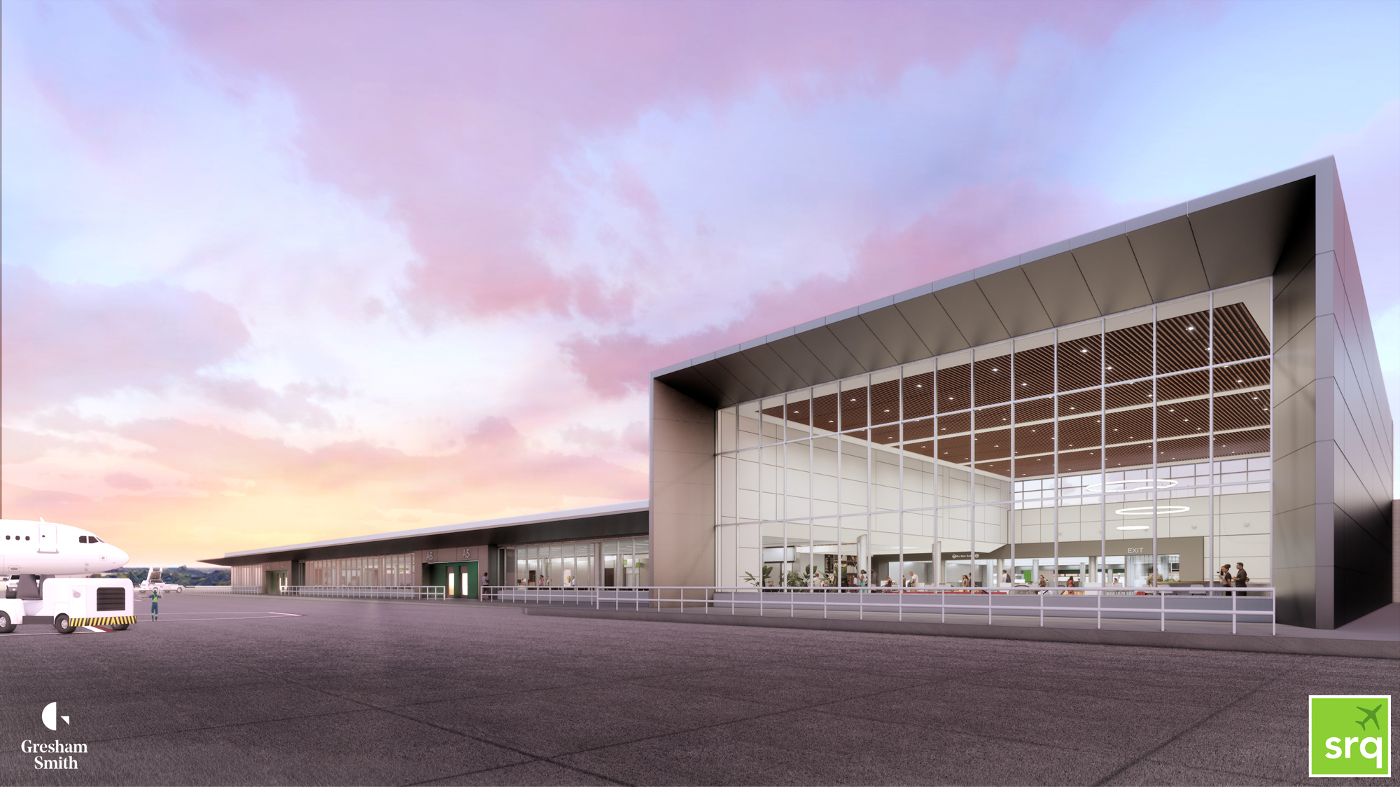 A rendering of the exterior of the planned Concourse B at Sarasota Bradenton International Airport, which will offer ground-level boarding of aircraft.  (Courtesy rendering)