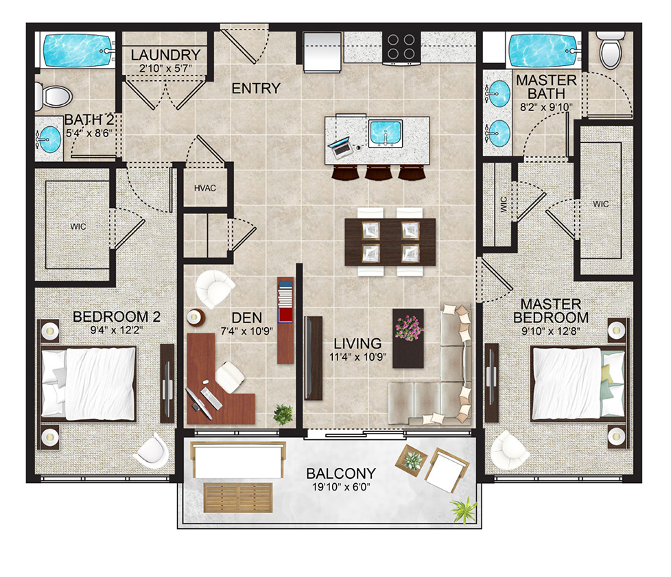 The Queen, 1,076 square feet, features two bedrooms, two baths and a den.