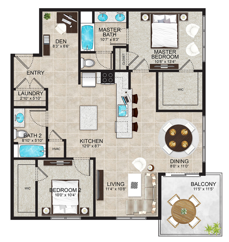 The Royal features two bedrooms, two baths and a den in its 1,167 square feet.