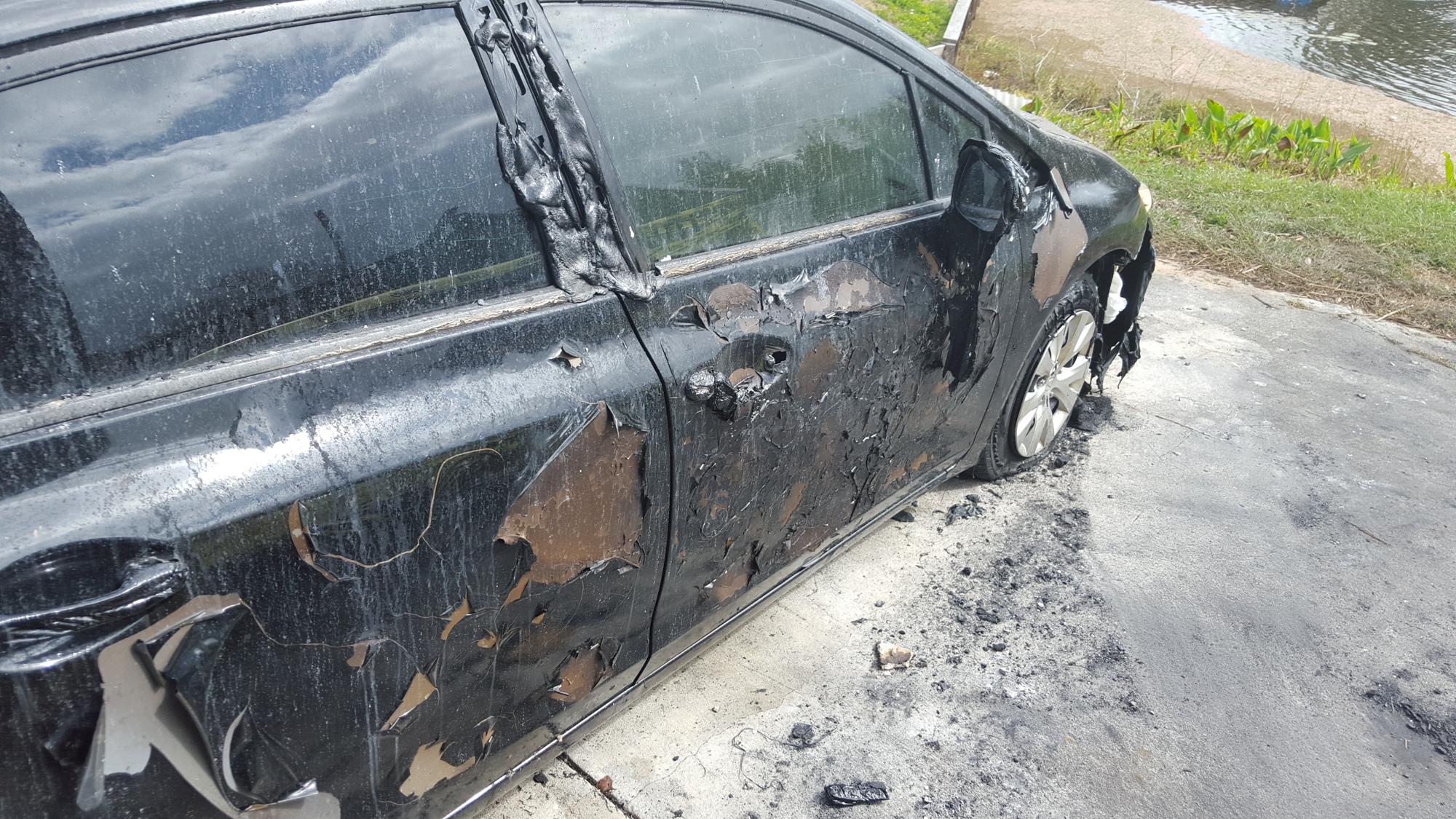 Jamee Gilson’s daughter’s torched car was parked on the side of the home near the porch and bathroom, which went up in flames.