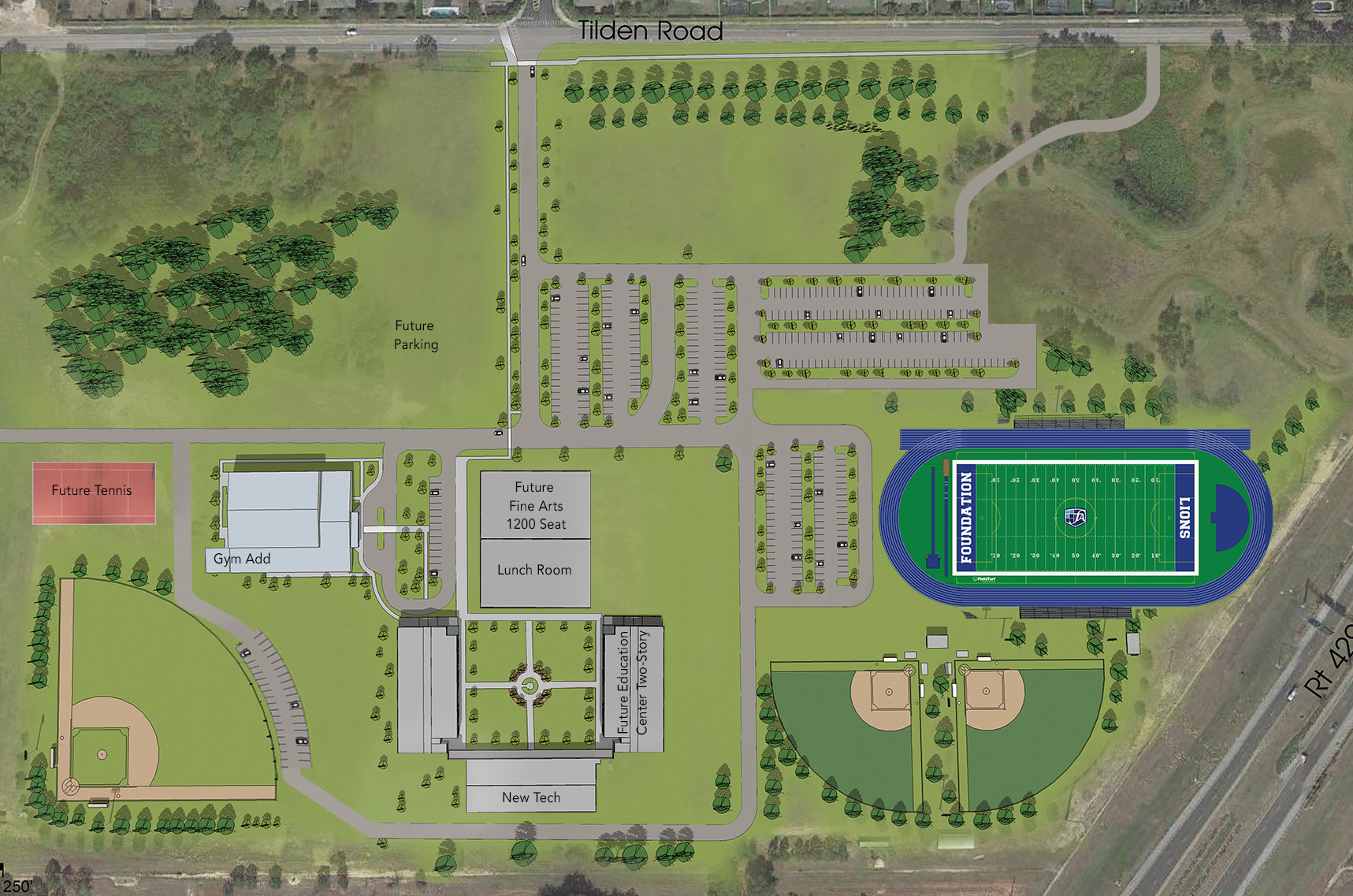 This aerial rendering shows where the football field will be located, as well as other projects Foundation Academy has in the works.