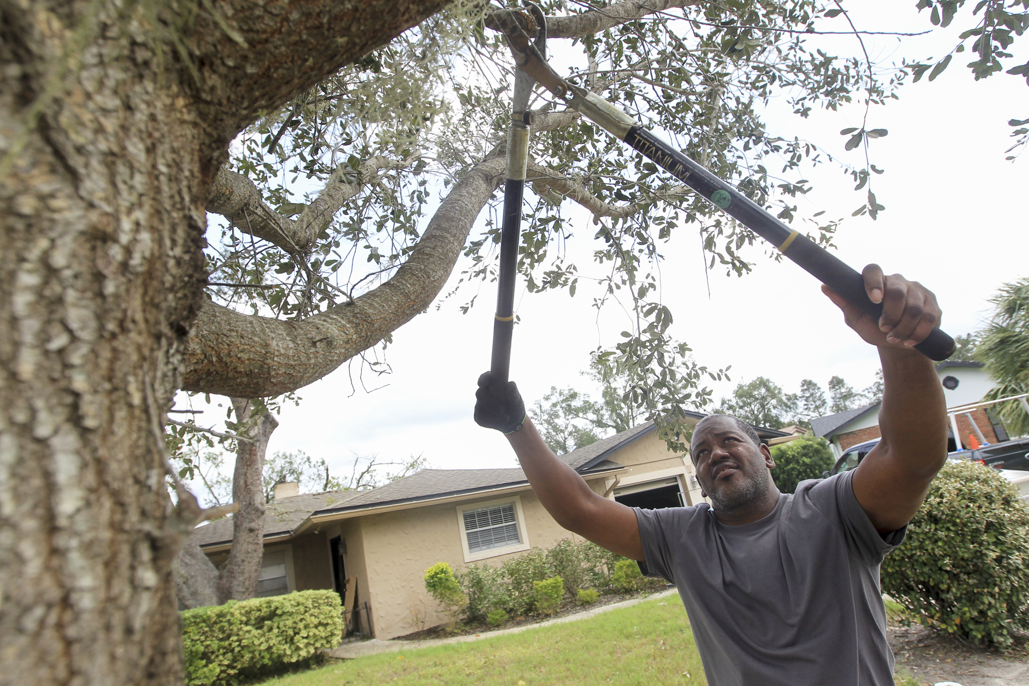 Donahue Johnson trimmed some loose branches on the tree outside of his mother’s home. 