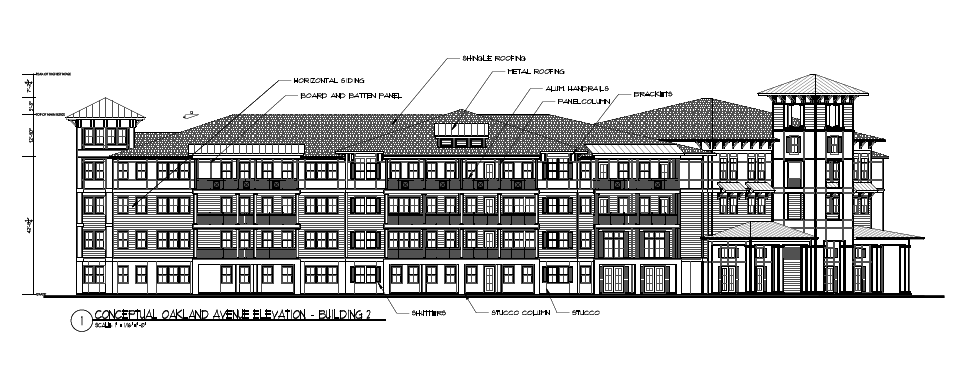 One conceptual elevation for one building in the Longleaf development, prepared by Slocum Platts Architects, P.A. The units will be built to resemble the historic Flagler Hotels.