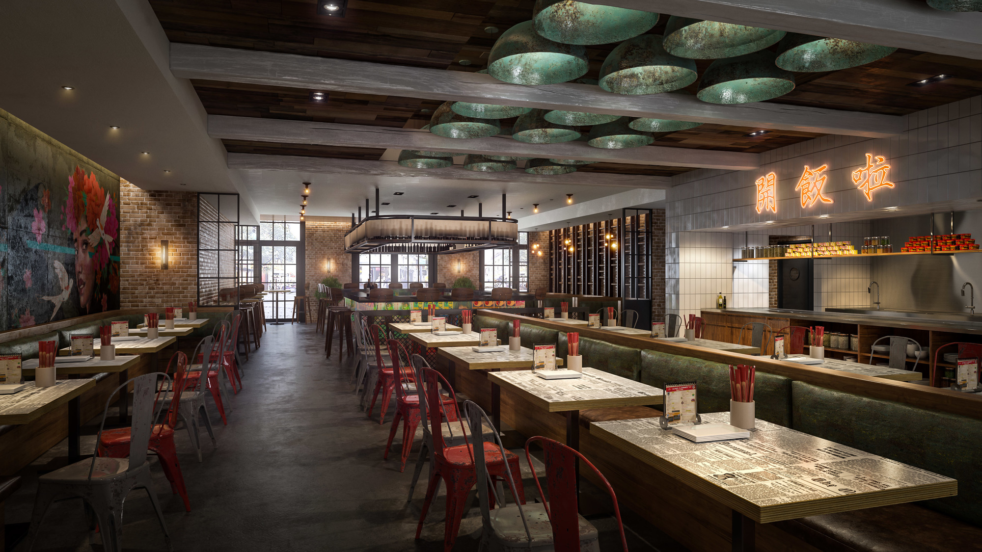 The interior of Hawkers Asian Street Fare features newsprint on the tables and an open kitchen. —  Photo by Nutmeg Imageworks