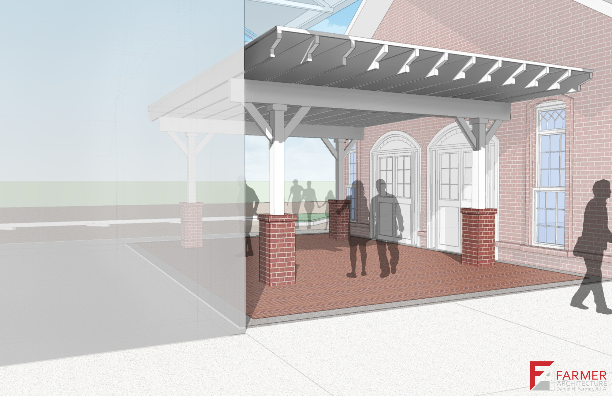 The Winter Garden Heritage Foundation is creating a covered courtyard area between the museum and research center to extend its rentals outside. The caboose is not included in the rendering but will remain in its current location.