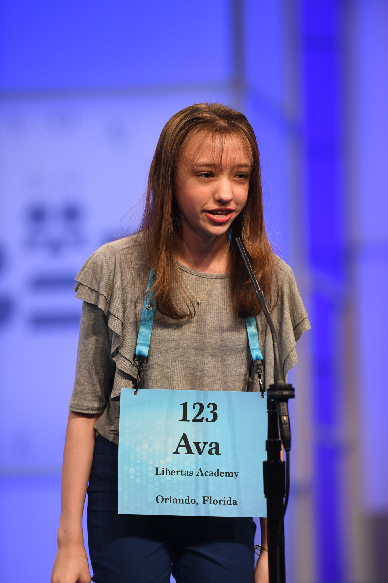  Allen spells onstage at the 2018 Scripps National Spelling Bee. She said her most difficult word during the oral spelling rounds was “oleocellosis” — which is spotting of citrus fruit skins. 