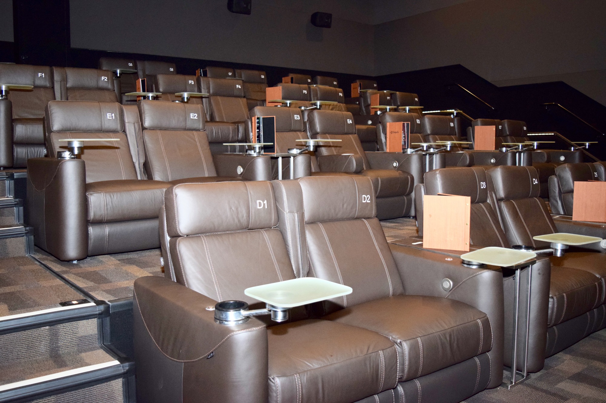 Each of the 10 auditoriums boasts fully reclining leather seats.