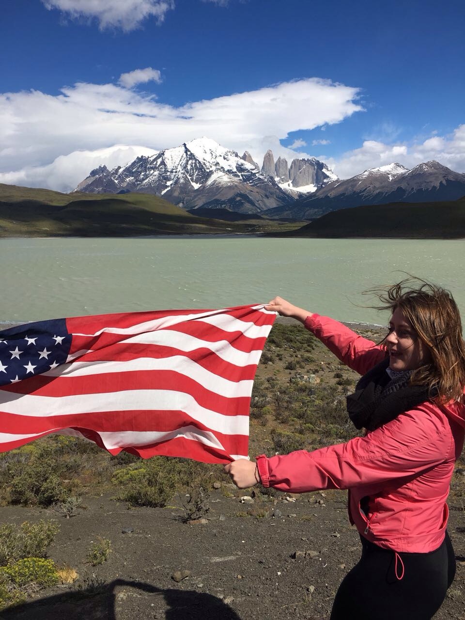 Hailey Weidman lets her American flag flap in the wind at Patagonia.