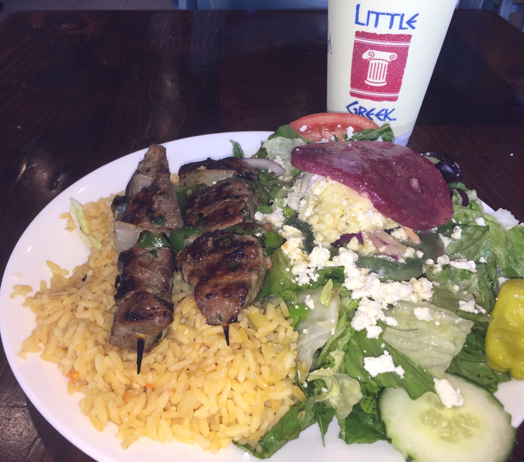 The steak skewers (souvlaki) come in two options: lite or dinner. The lite option comes with two skewers and the dinner option comes with three.