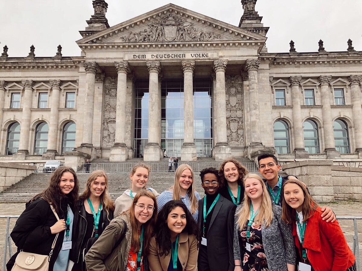 Marli Watson, back center, and her language camp German 3 classmates celebrated with a photo on the steps of the German federal parliament, Bundestag, after a seminar at the end of the school year.