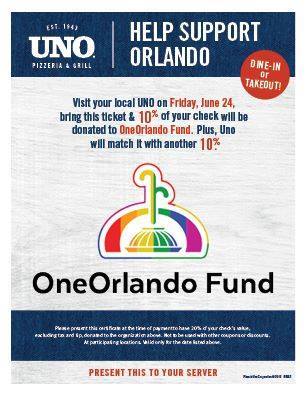 The voucher to be presented to benefit the OneOrlando Fund at Uno's Pizzeria & Grill.