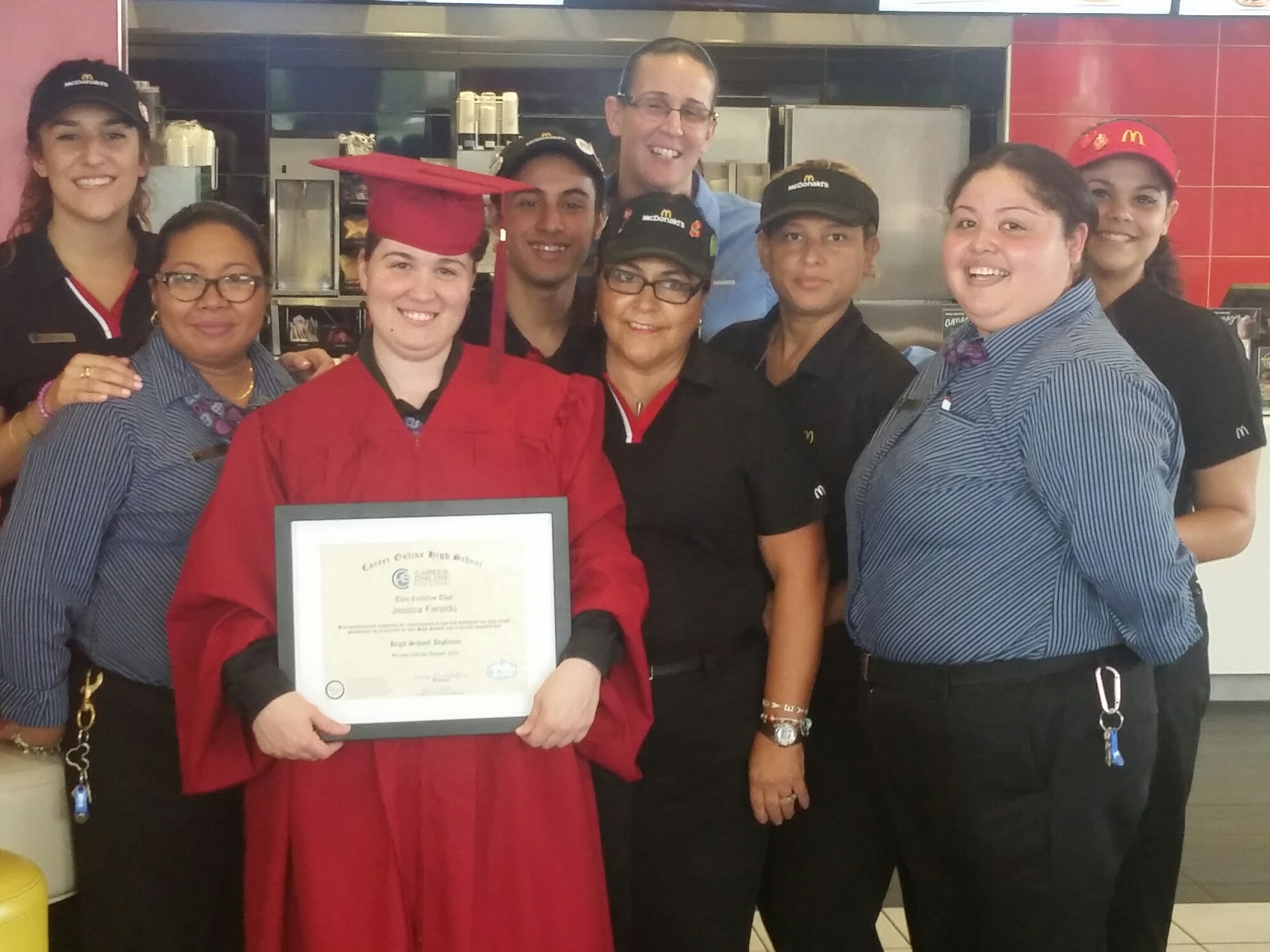 McDonald’s employee Jessica Faraldo received a surprised visit from her operations manager and supervisor, who congratulated her for earning her high-school diploma through the company’s online program.