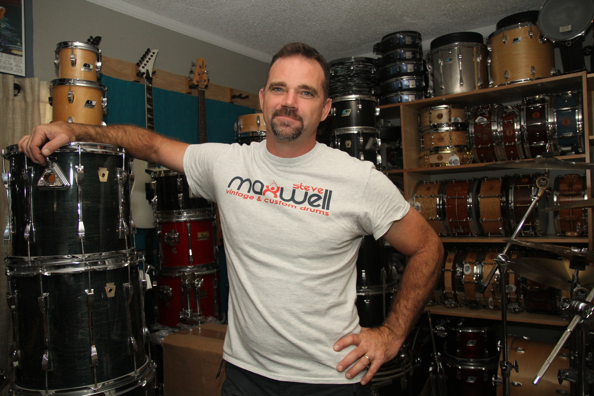 In addition to building drums, Marc Hayward is also a collector. His home studio houses more than 50 snare drums and several complete drum kits from a variety of manufacturers.