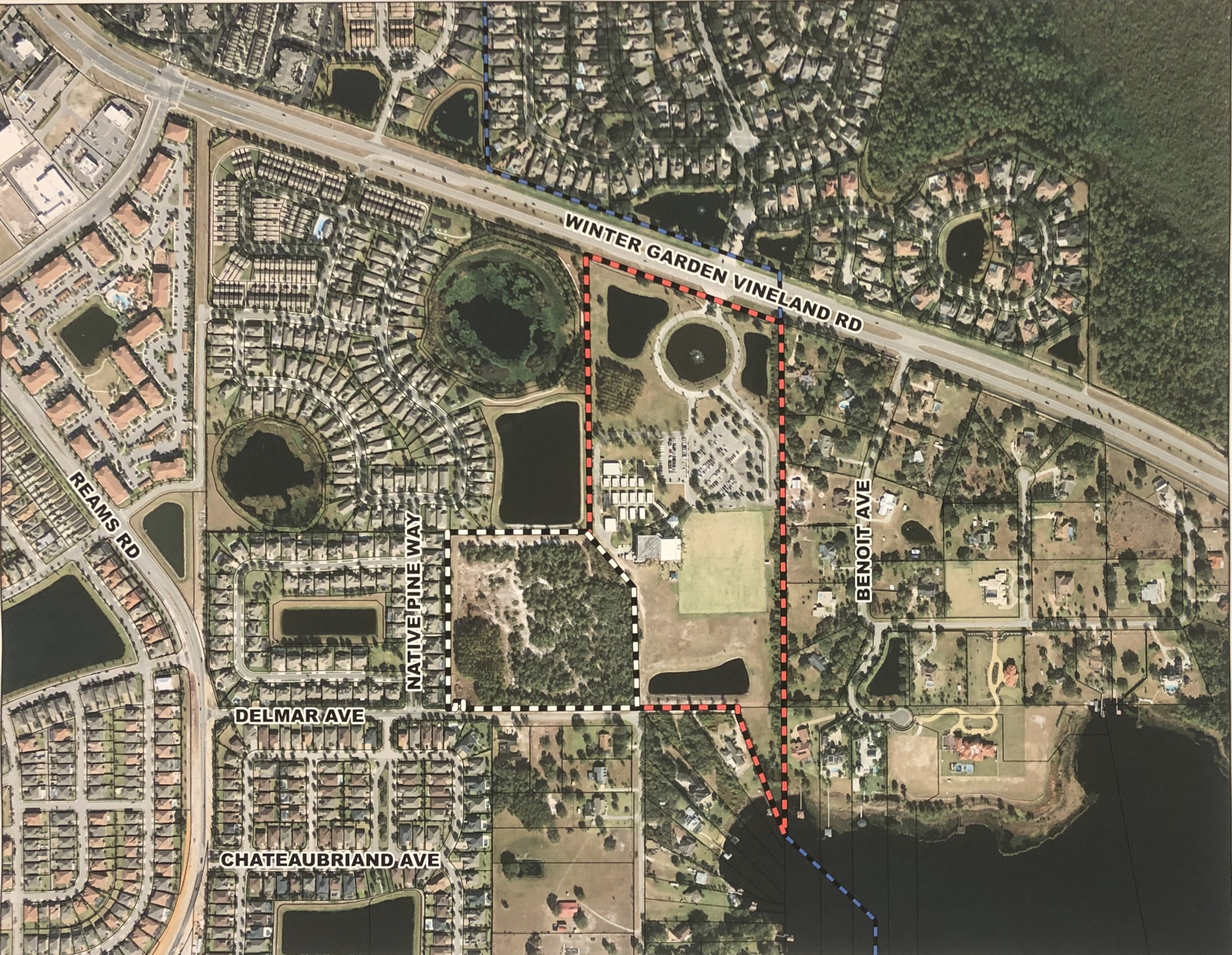 The subject property for the proposed development is outlined in black and white and is generally located south of Winter Garden Vineland Road, east of Reams Road and north of Delmar Avenue.