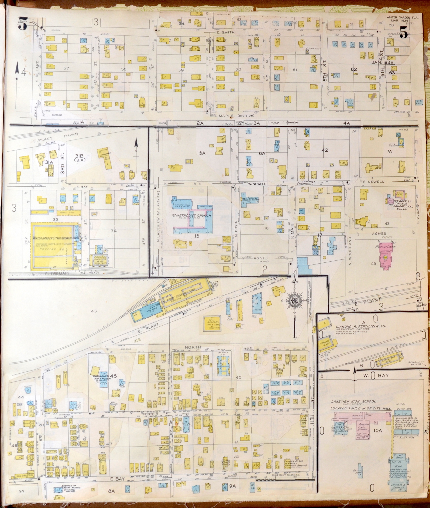 The Sanborn Water and Fire Maps of Winter Garden and Tildenville, dated 1924. The maps are layered with updated graphics literally pasted on through the 1950s.