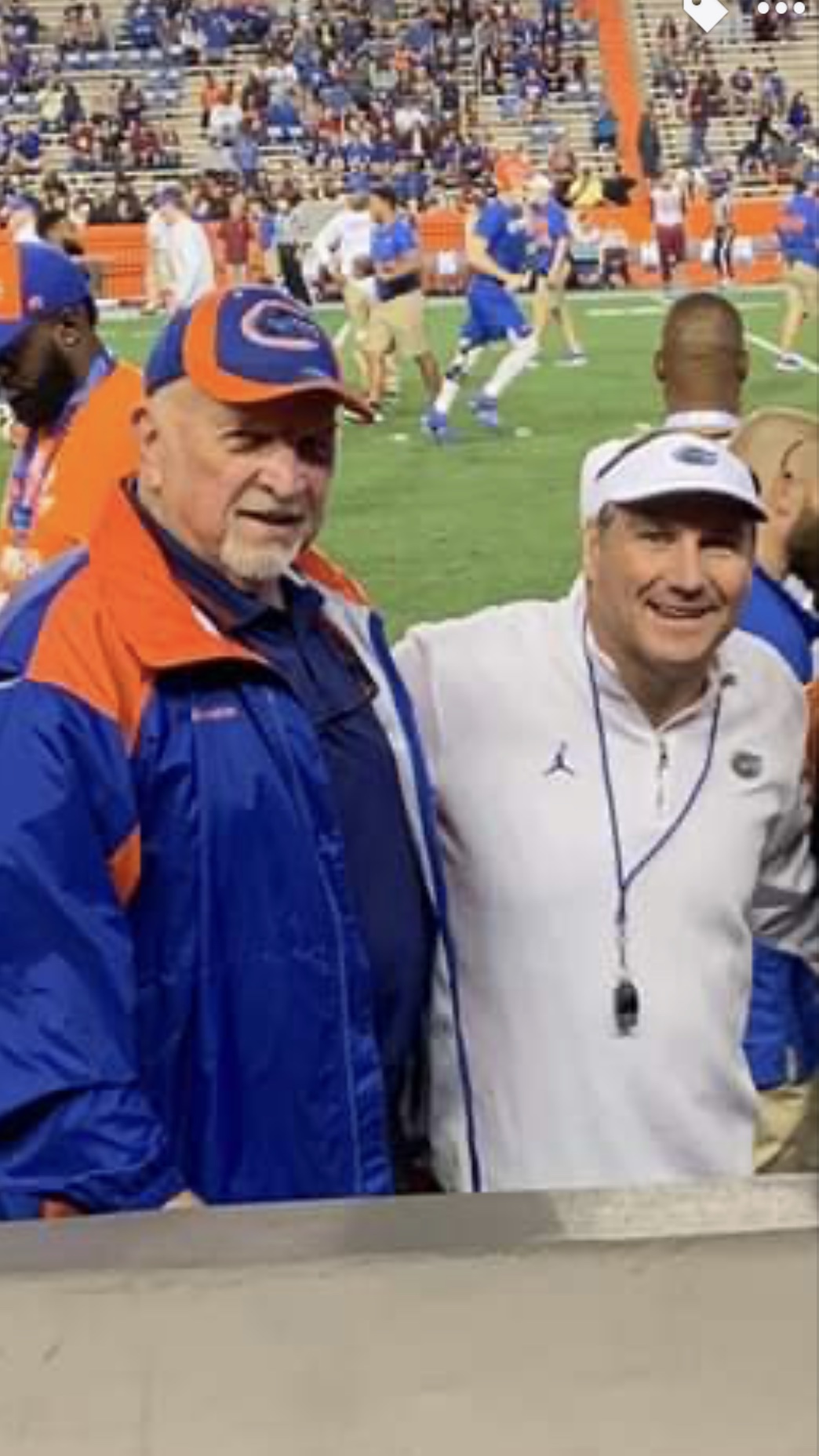 Coach Vel Heckman and Gator Head Coach Dan Mullen met up on Florida Field before the Nov. 30 game.