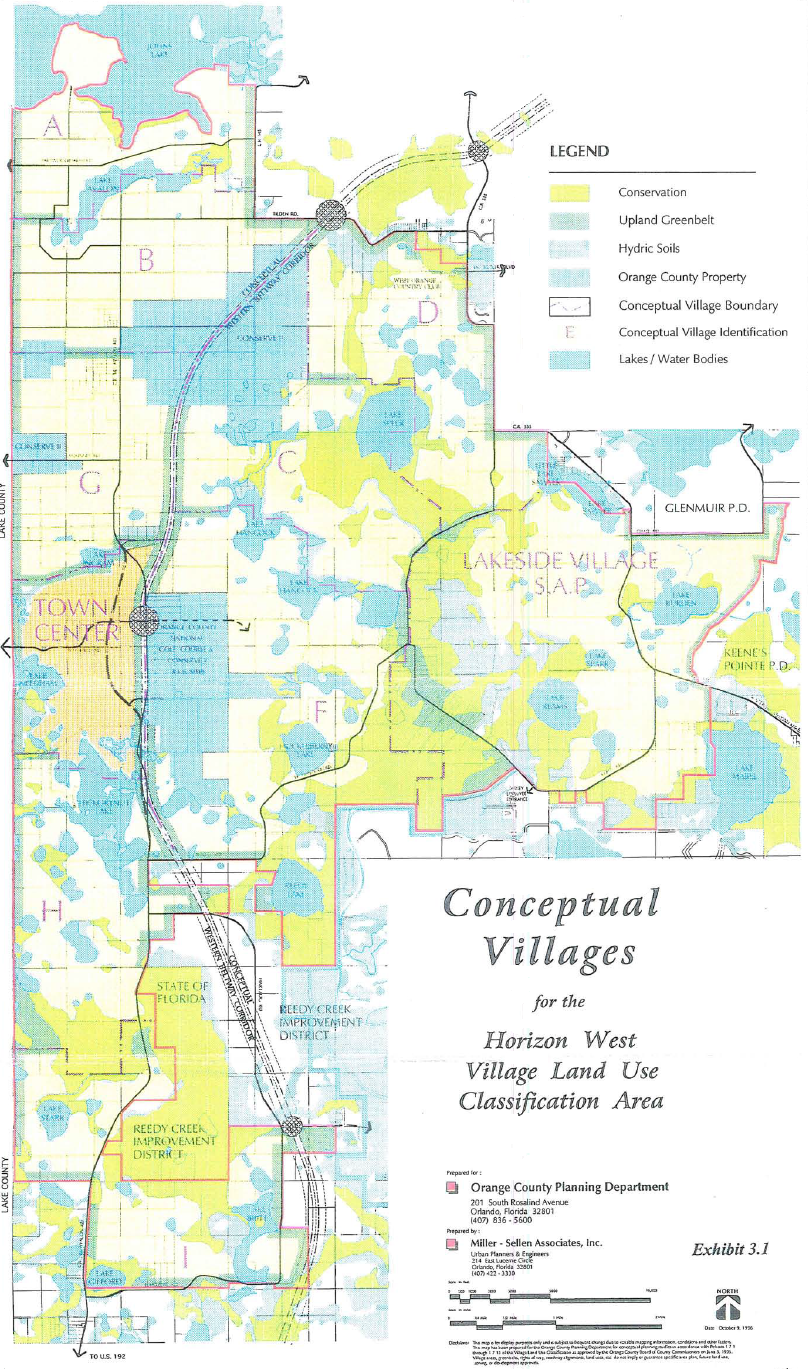 This map shows the conceptual location of each original village in 1996 and includes areas that were eventually removed from Horizon West. (Courtesy Orange County)