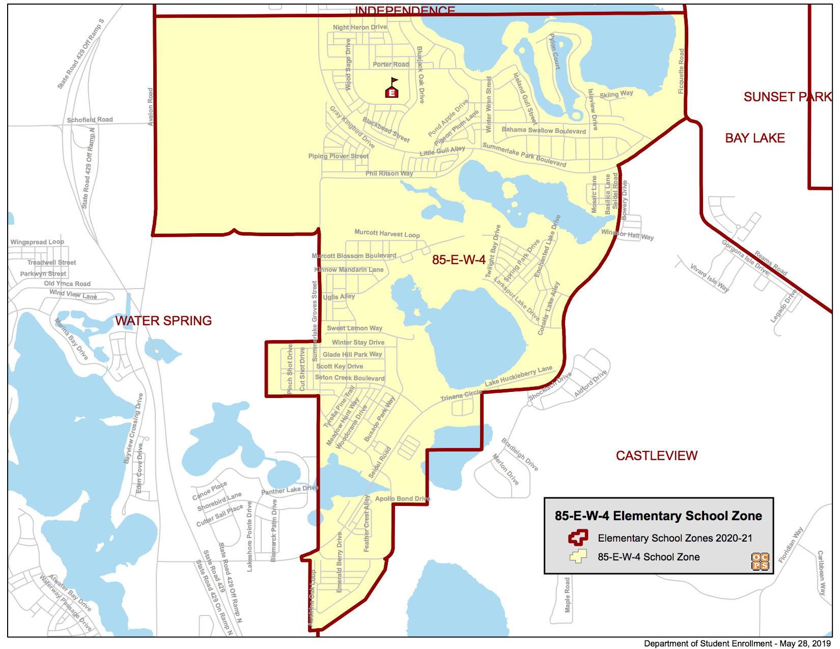 According to OCPS’ website, this map shows the board-approved zone map for Independence, Keene’s Crossing and Water Spring elementary schools in accordance with site 85-E-W-4 opening in fall 2020.