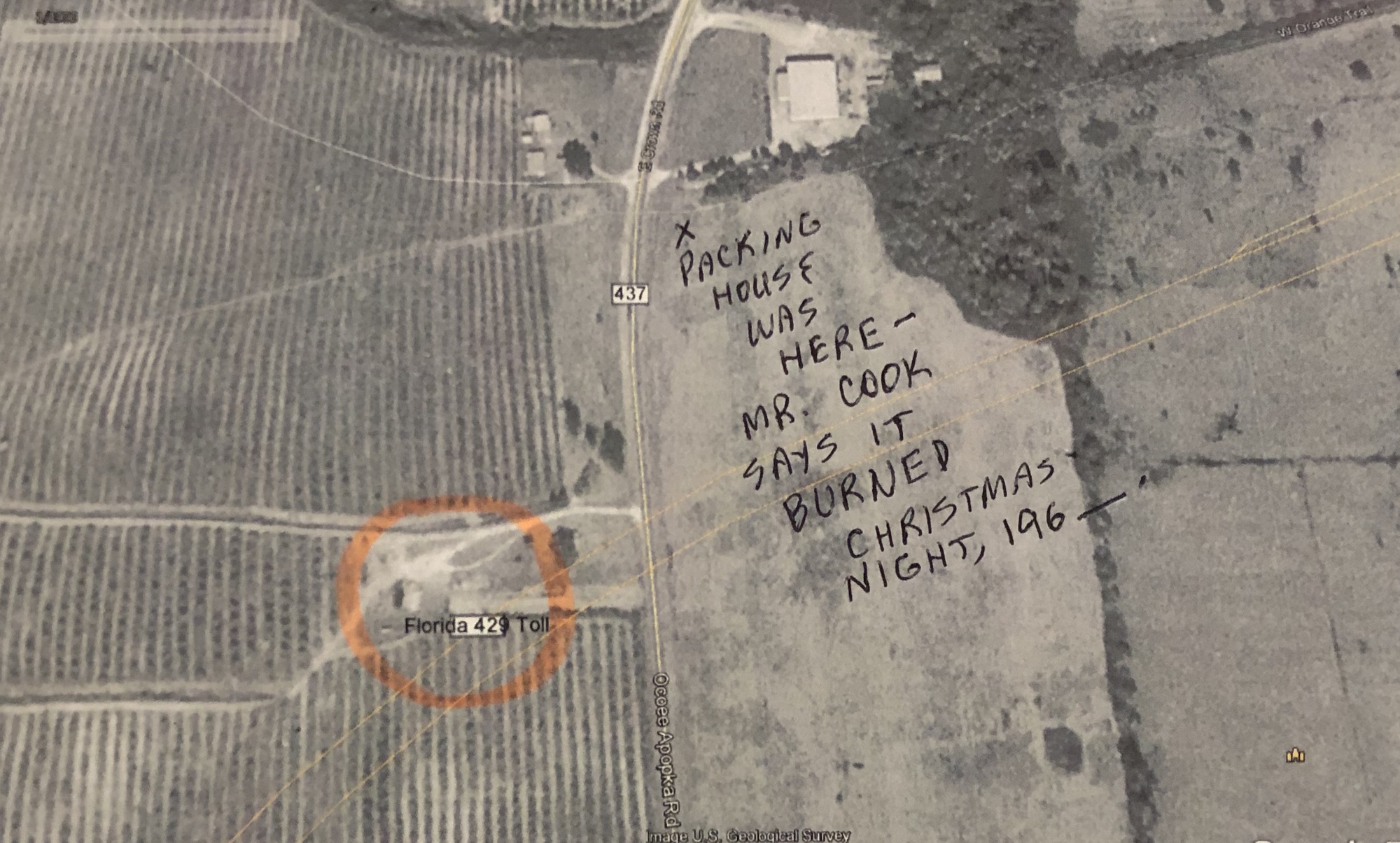 An aerial photo shows the location of John T. Fuller’s packing house on Ocoee-Apopka Road.